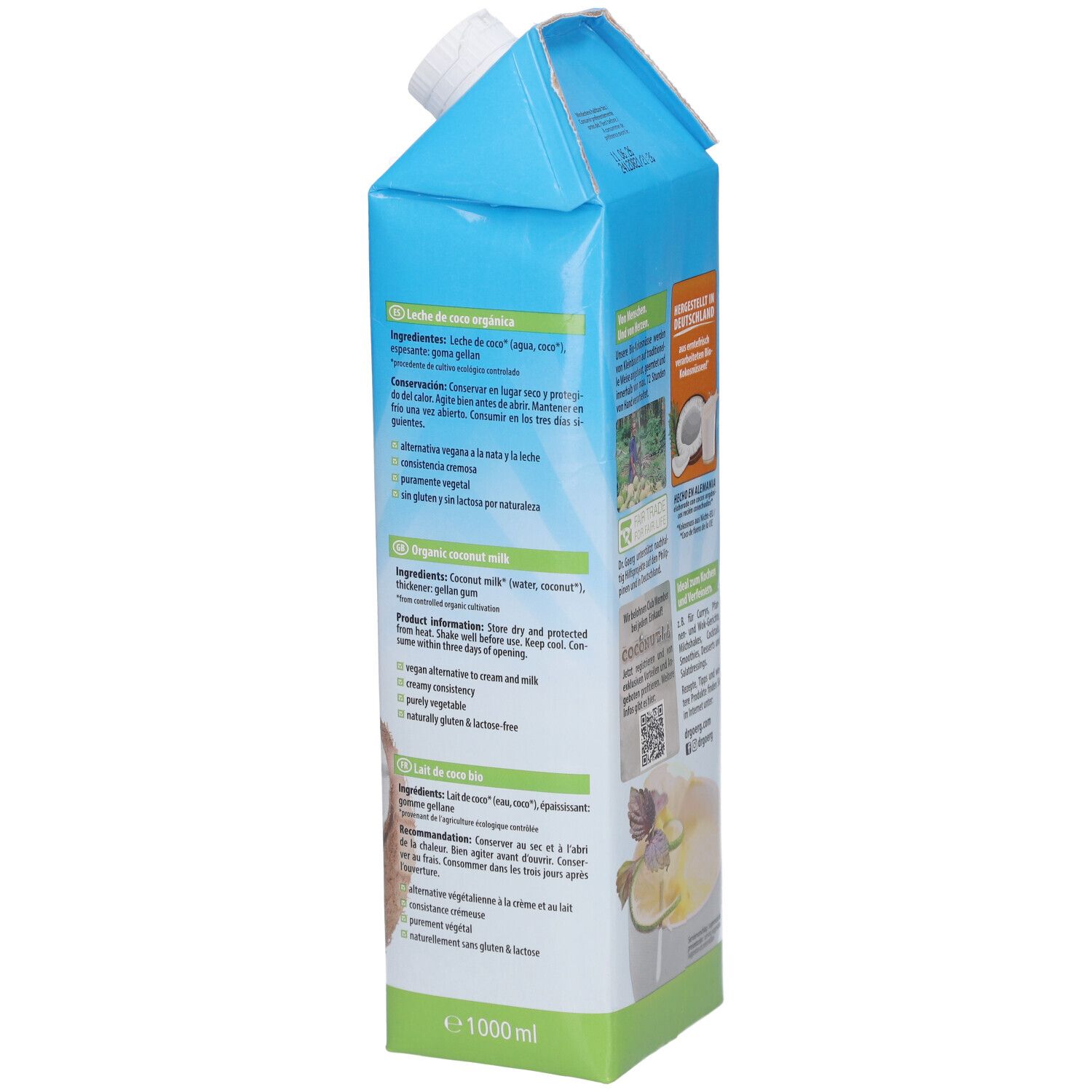 Rückseite der Kokosmilch-Verpackung. Angaben zu Inhaltsstoffen, Nährwerten, QR-Code. Bio-Siegel. 1000 ml.