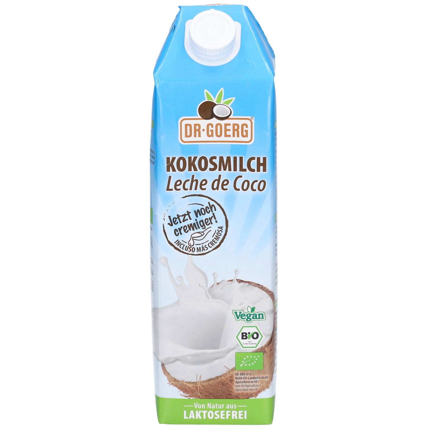 Blau-weiße Tetrapackung mit Kokosmilch. Aufschrift: DR. GOERG Kokosmilch, Leche de Coco. Vegan, Bio-Siegel. Laktosefrei.