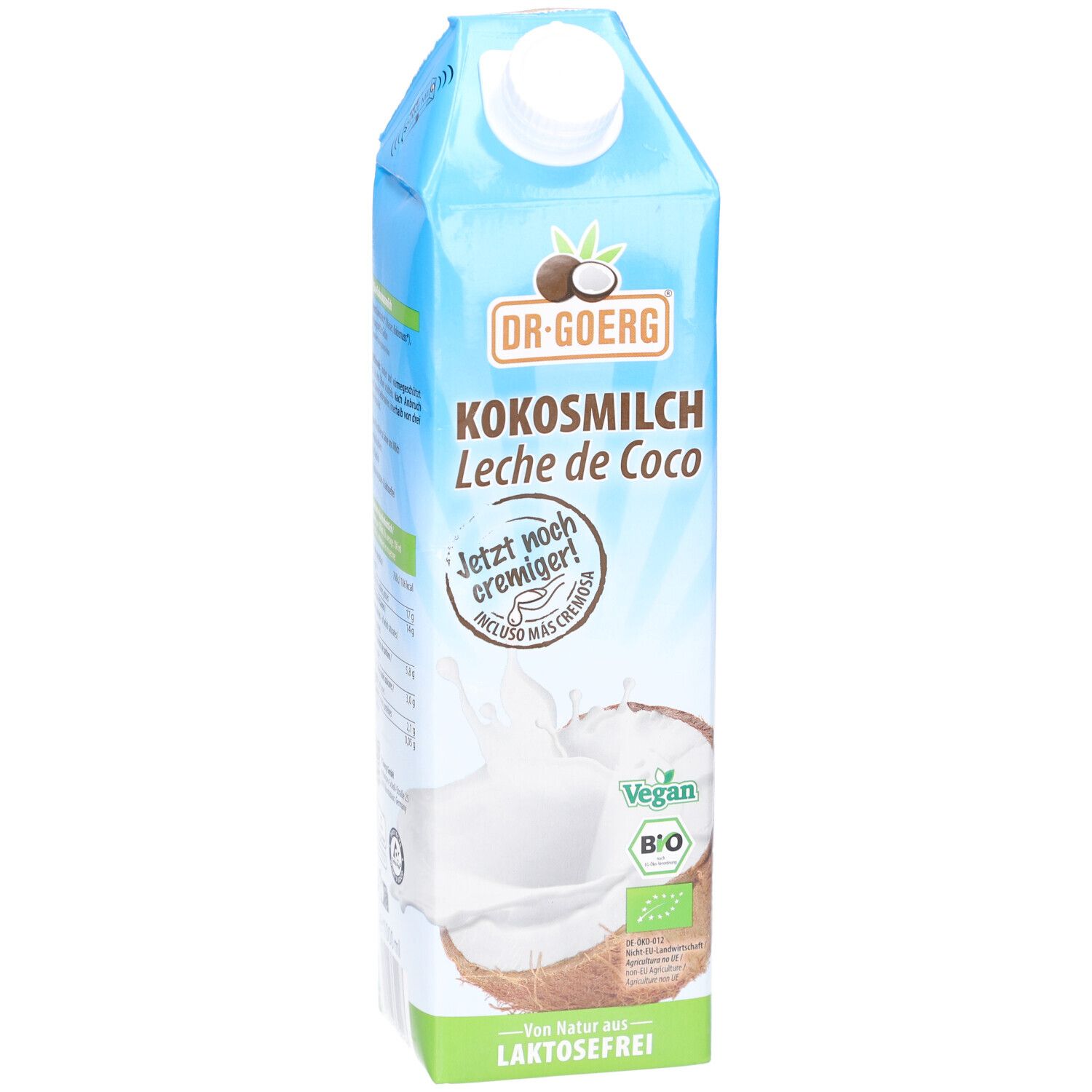 Blau-weiße Tetrapackung mit Kokosmilch. Aufschrift: DR. GOERG Kokosmilch, Leche de Coco. Vegan, Bio-Siegel. Laktosefrei.
