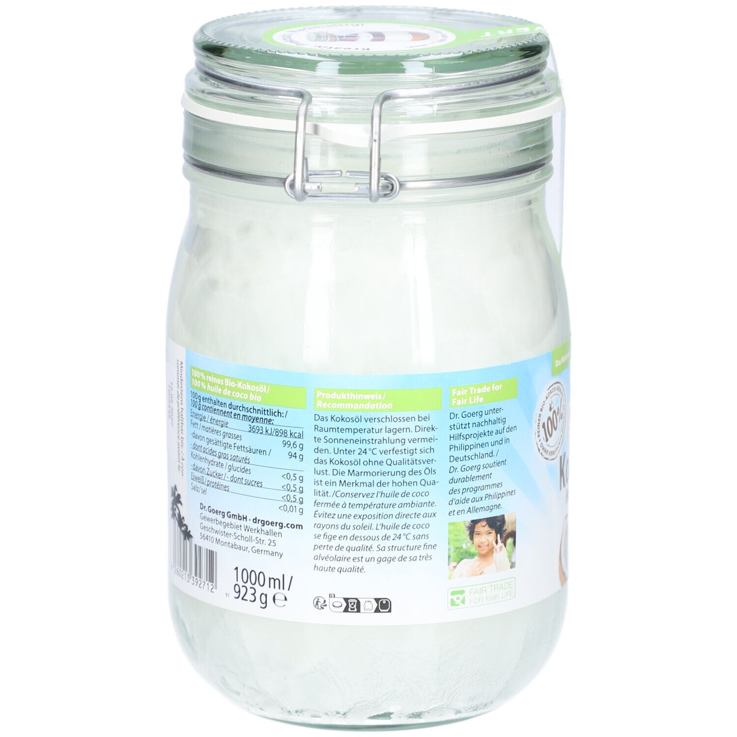 Rückseite des Glases mit Kokosöl. Etikett mit Nährwertangaben und Text. Metallverschluss. Aufschrift: 1000ml/923g.