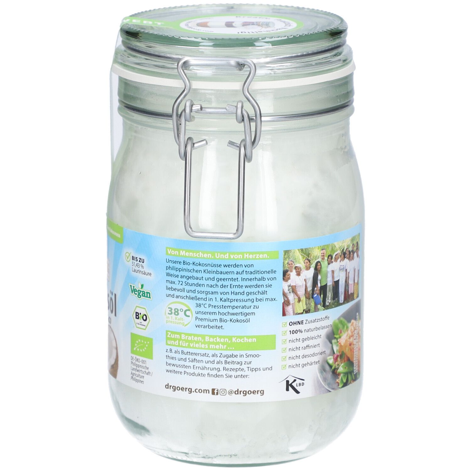 Glas mit Kokosöl, Etikett mit Text und Logo. Metallverschluss. Aufschrift: Kokosöl, Bio, Vegan, 38°C.