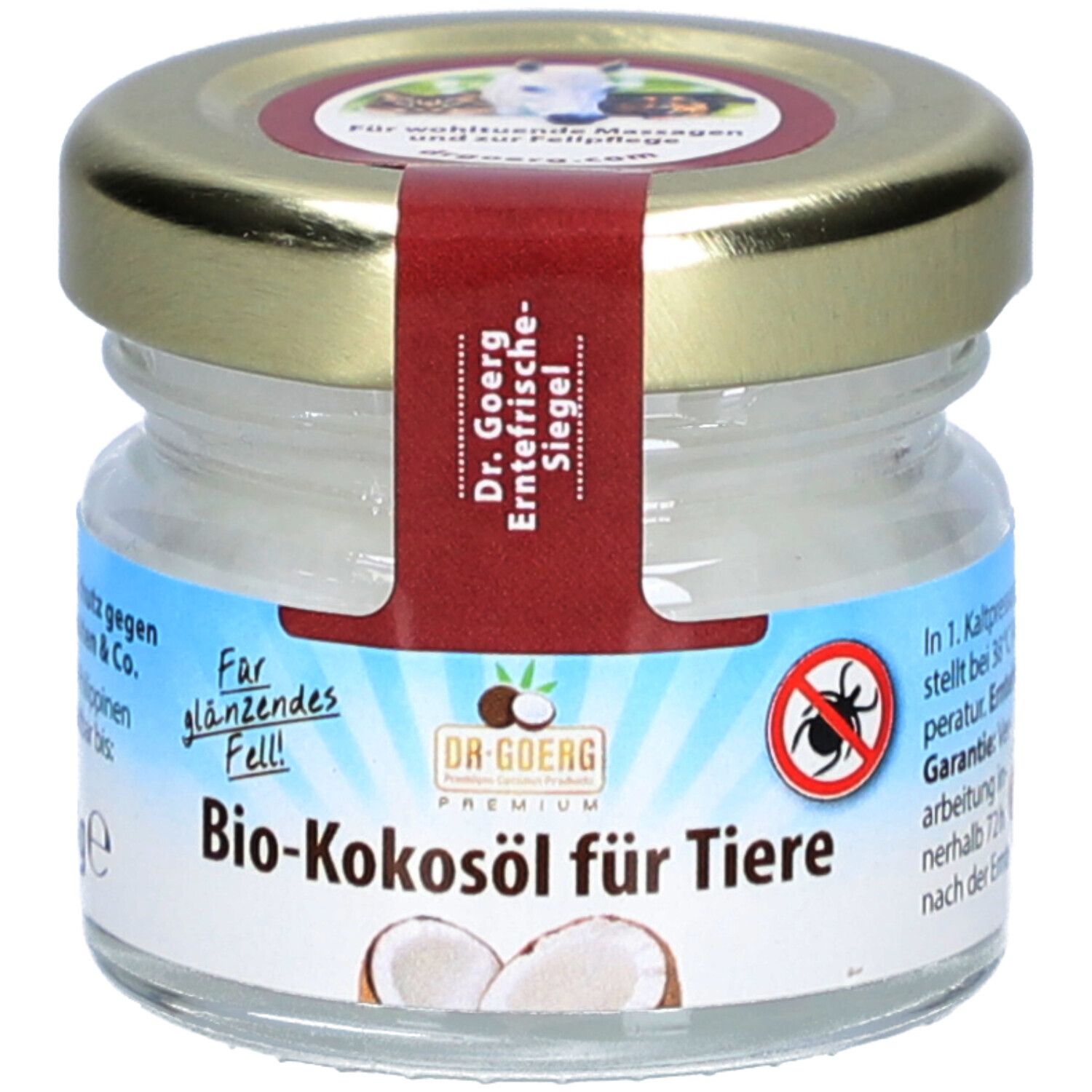 Pot de Bio-Kokosöl pour animaux. Couvercle doré, étiquette rouge. Inscription: Bio-Kokosöl für Tiere. Illustration de noix de coco.