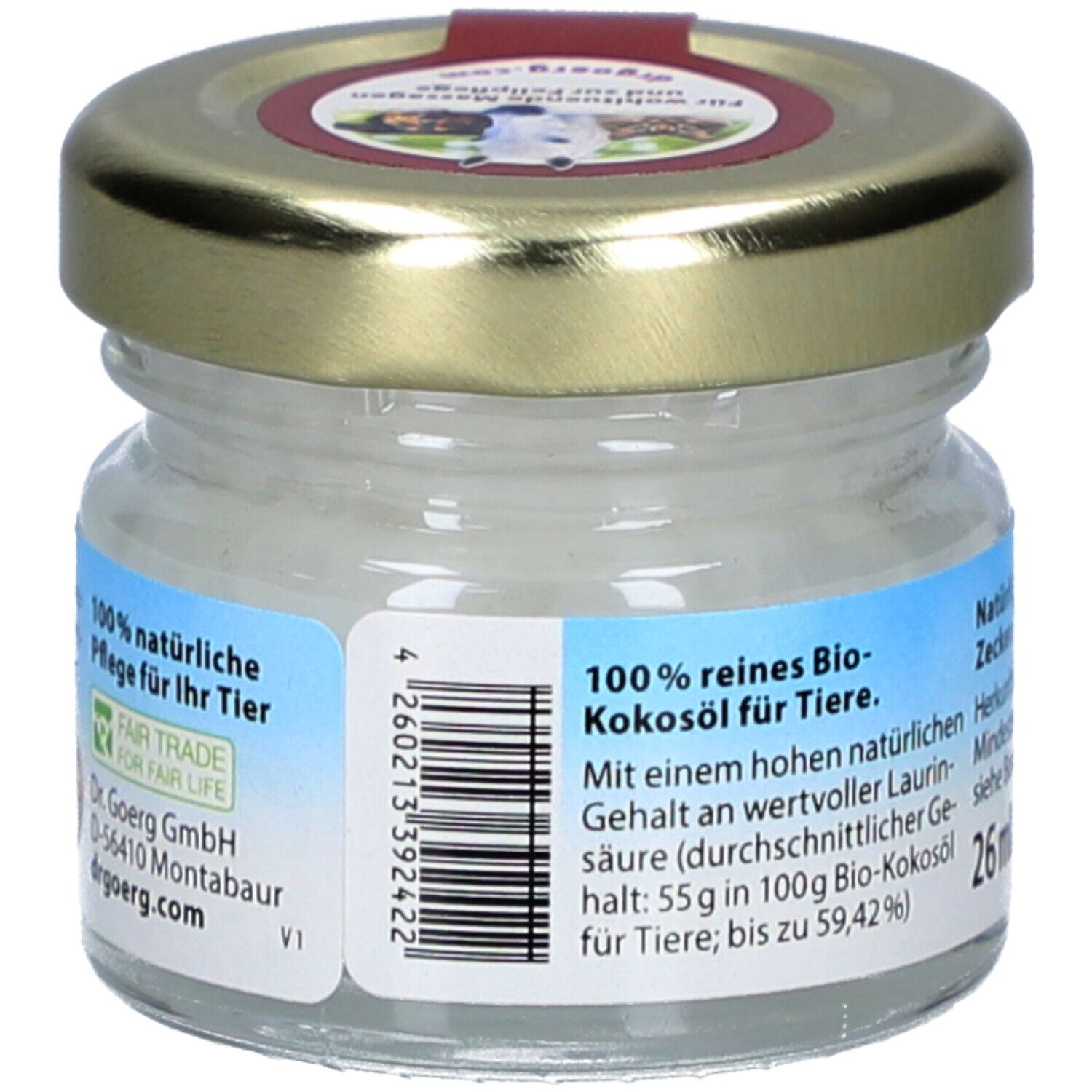 Pot de Bio-Kokosöl pour animaux. Dos avec texte: 100% huile de coco bio pure pour animaux. Label Fair Trade. Code-barres.