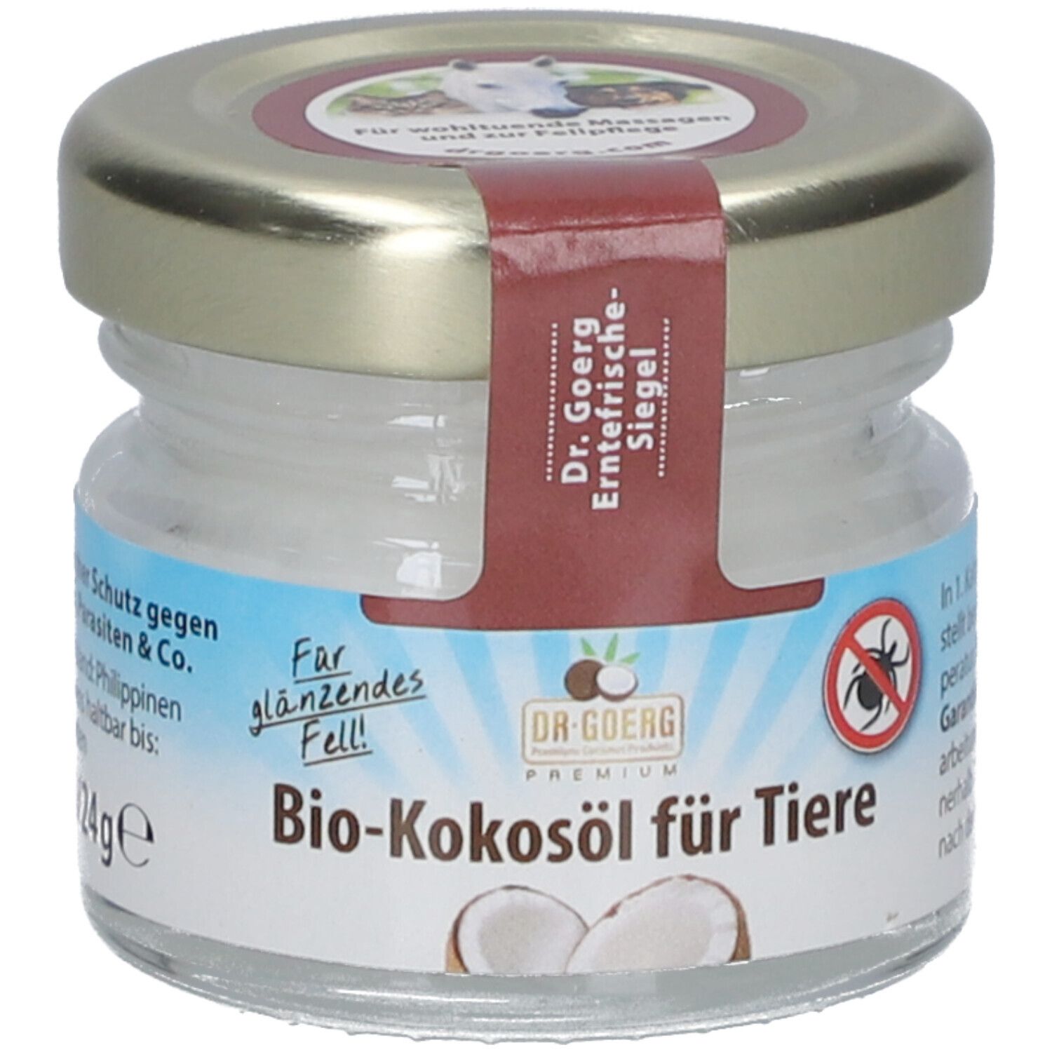 Pot de Bio-Kokosöl pour animaux. Sceau rouge avec texte: Dr. Goerg Erntefrische Siegel. Inscription: Bio-Kokosöl für Tiere. Illustration de noix de coco.