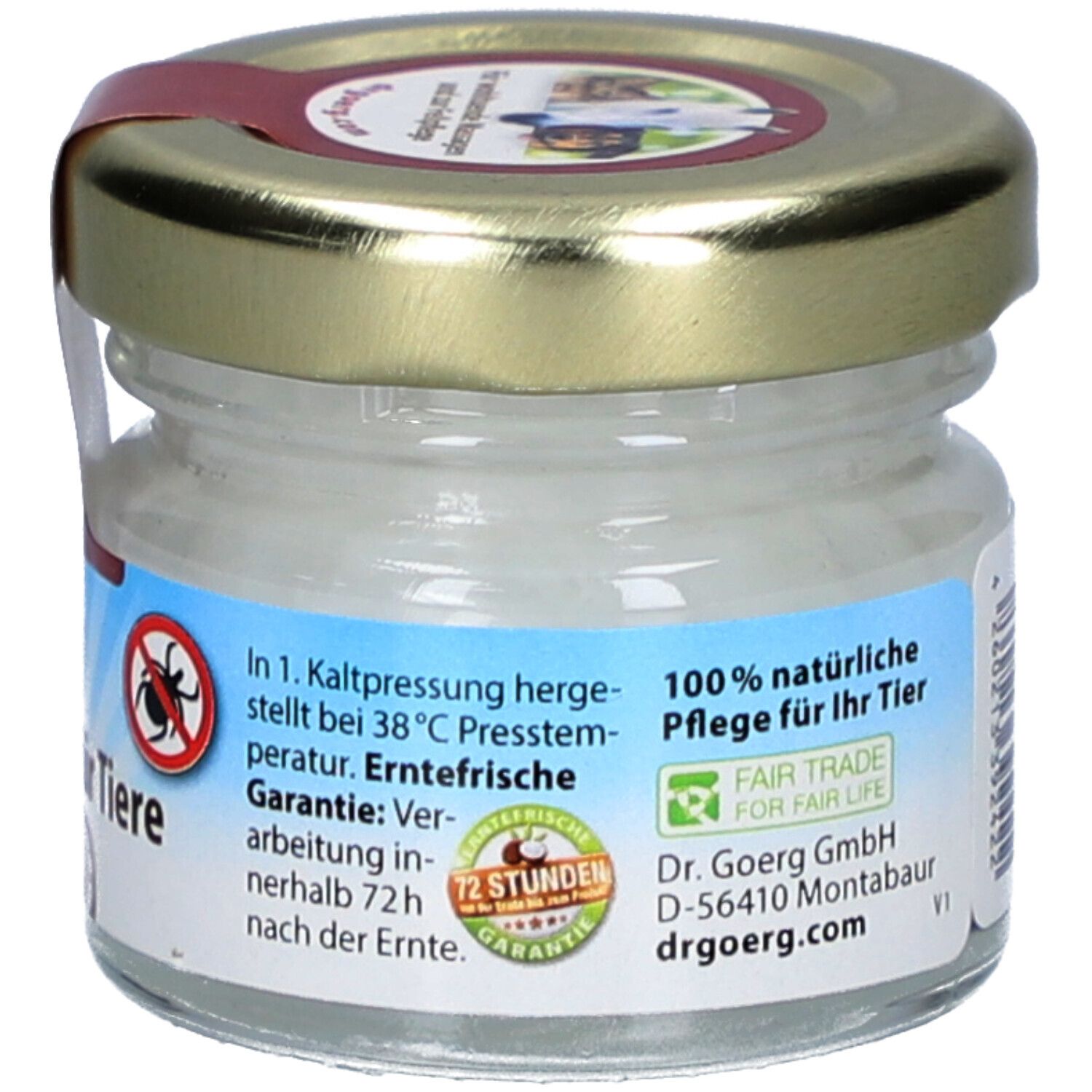 Pot de Bio-Kokosöl pour animaux. Dos avec texte: Soin 100% naturel pour votre animal. Garantie 72 heures. Label Fair Trade.