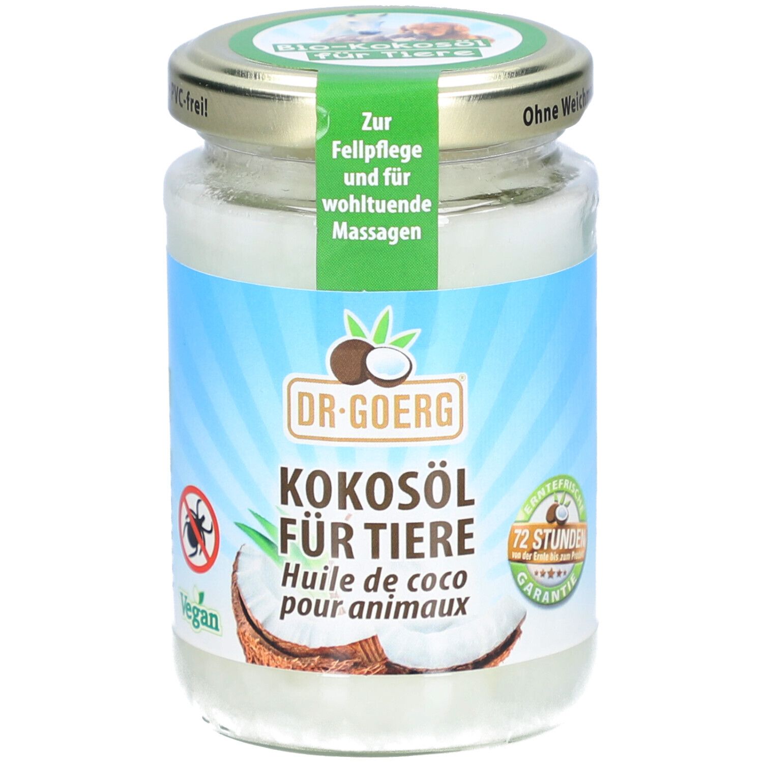 Pot de huile de coco pour animaux. Étiquette avec nom du produit, logo et illustrations. Couvercle avec inscription.