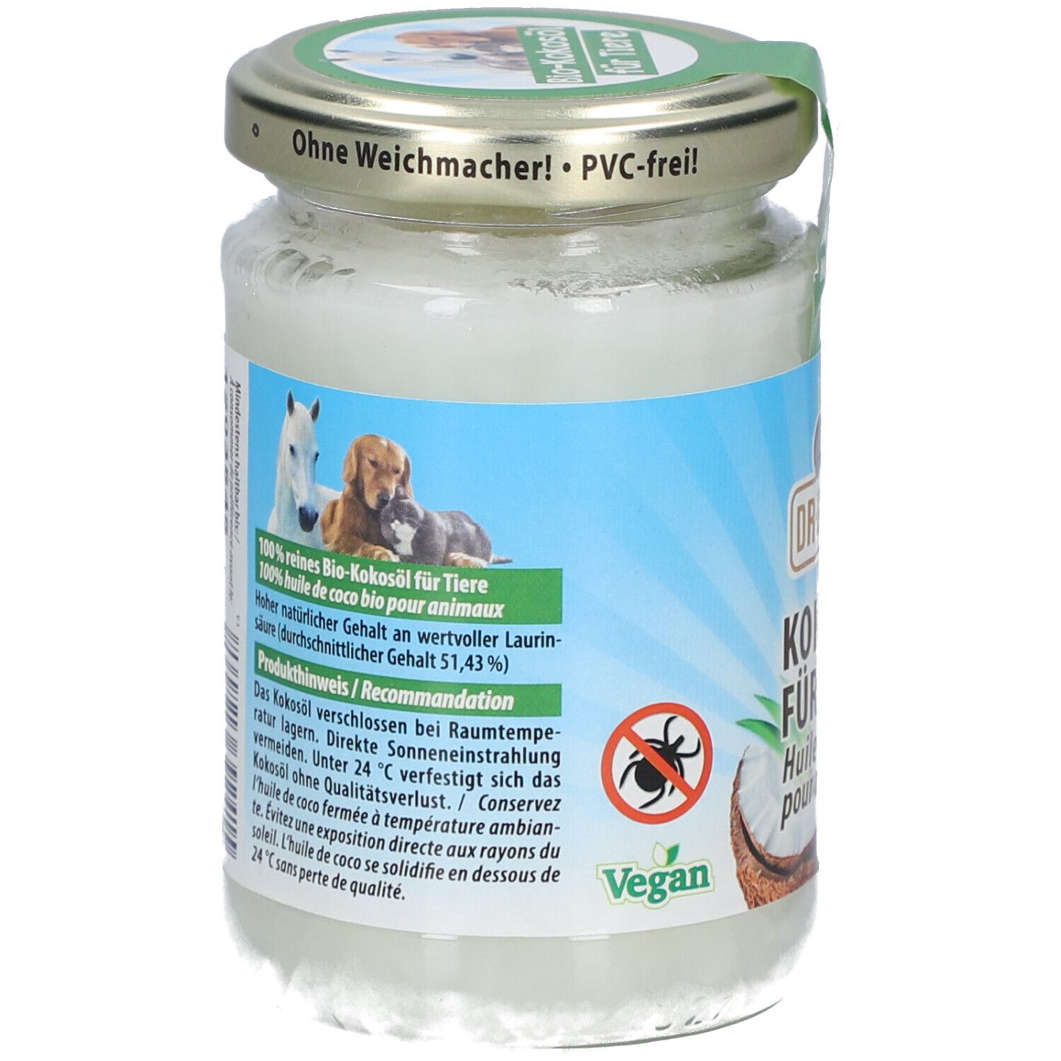 Pot d'huile de coco pour animaux. Dos avec informations sur le produit, logo et illustrations. Sceau végétalien.