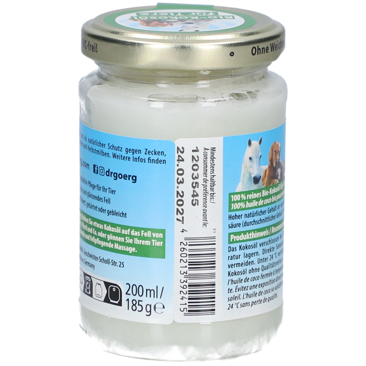 Pot d'huile de coco pour animaux. Dos avec informations sur le produit, date de péremption et code-barres. 200ml/185g.