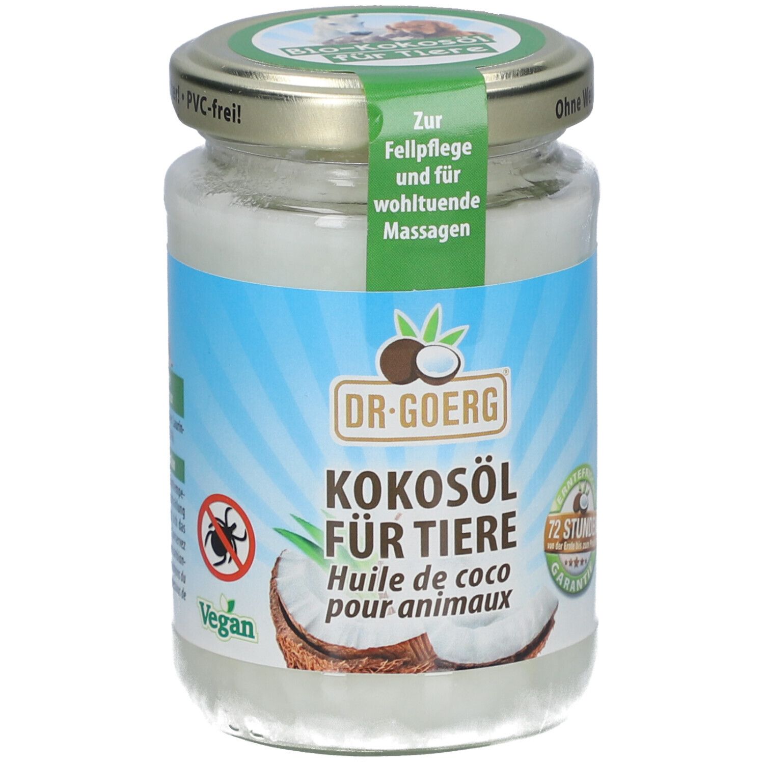 Pot de huile de coco pour animaux. Étiquette avec nom du produit, logo et illustrations. Couvercle avec inscription.
