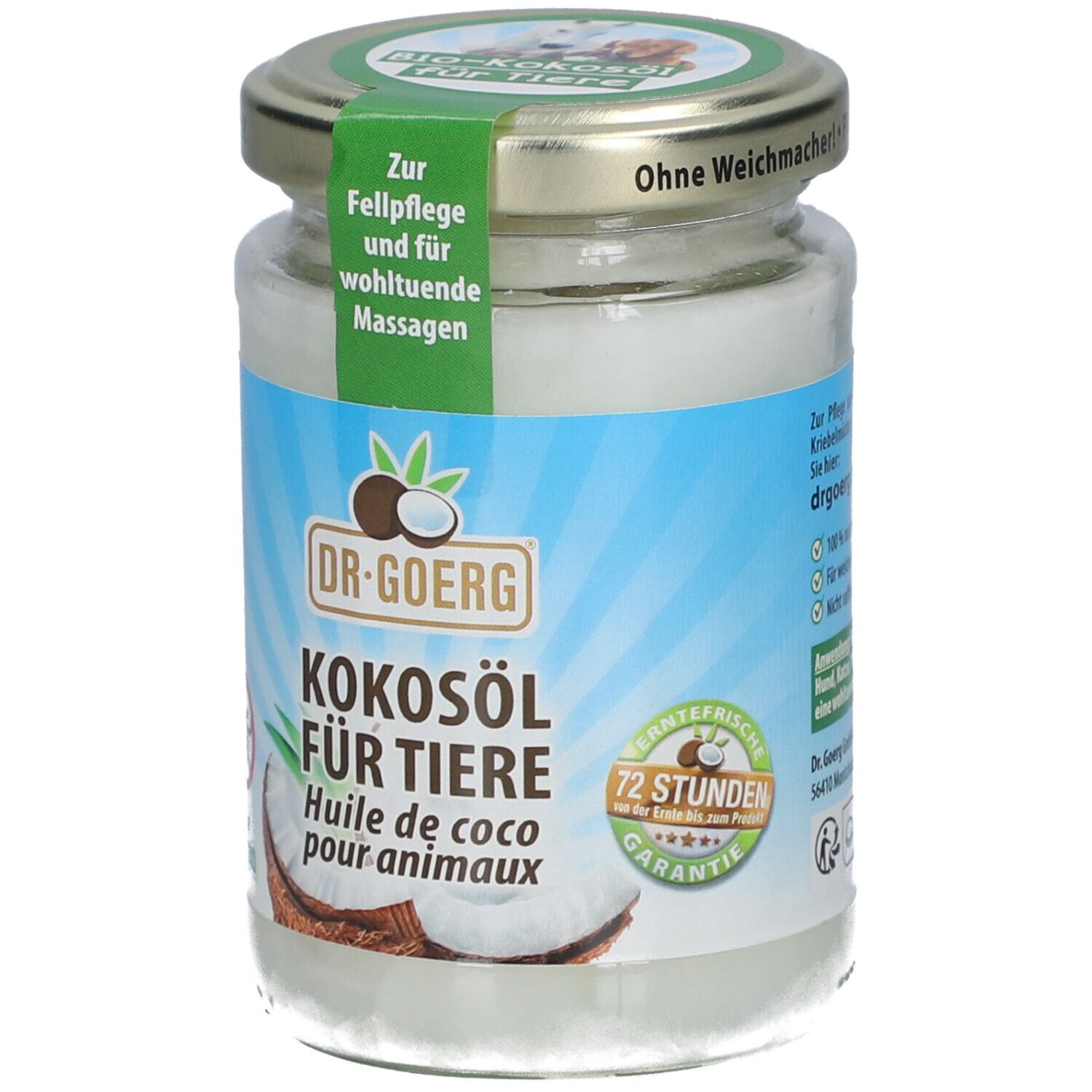 Pot de huile de coco pour animaux. Étiquette avec nom du produit, logo et illustrations. Couvercle avec inscription.