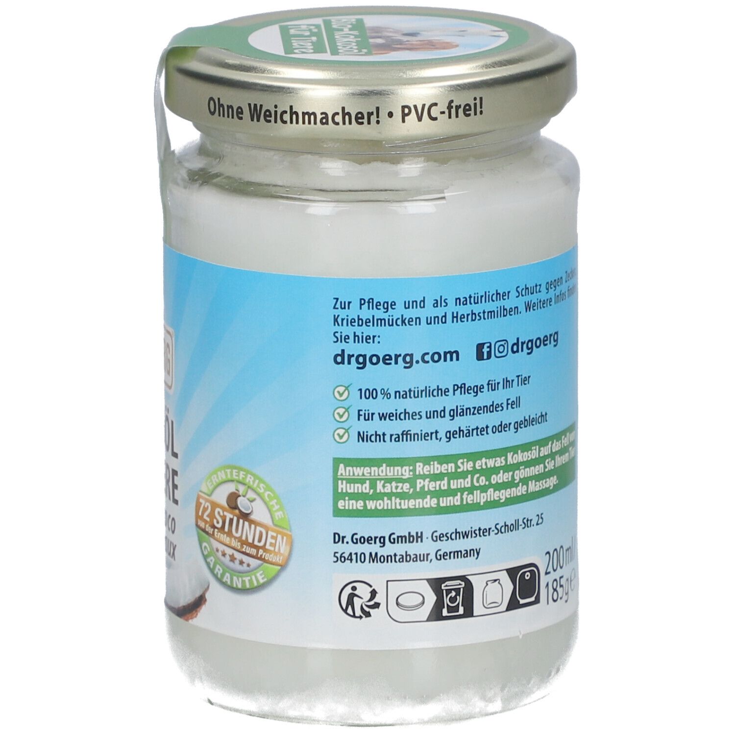 Pot d'huile de coco pour animaux. Dos avec informations sur le produit, logo et illustrations. Garantie 72 heures.