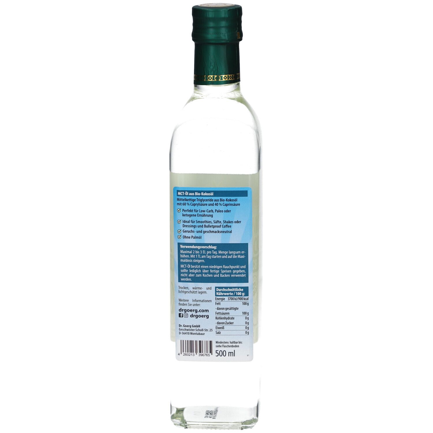 Rückseite einer Glasflasche. Etikett mit Text, Nährwertangaben und Logo. Grüne Kappe.