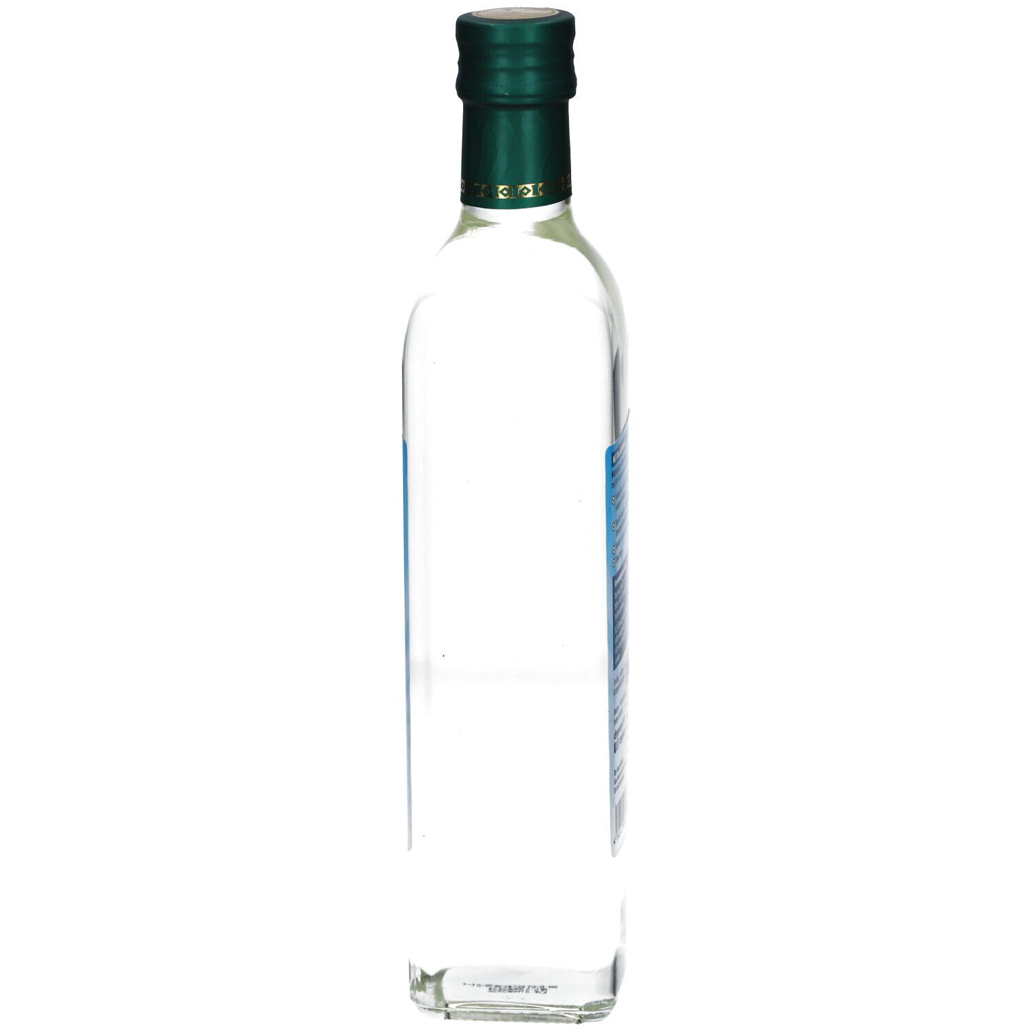 Schmale, transparente Glasflasche mit grünem Deckel. Seitenansicht. Keine weiteren Details sichtbar.