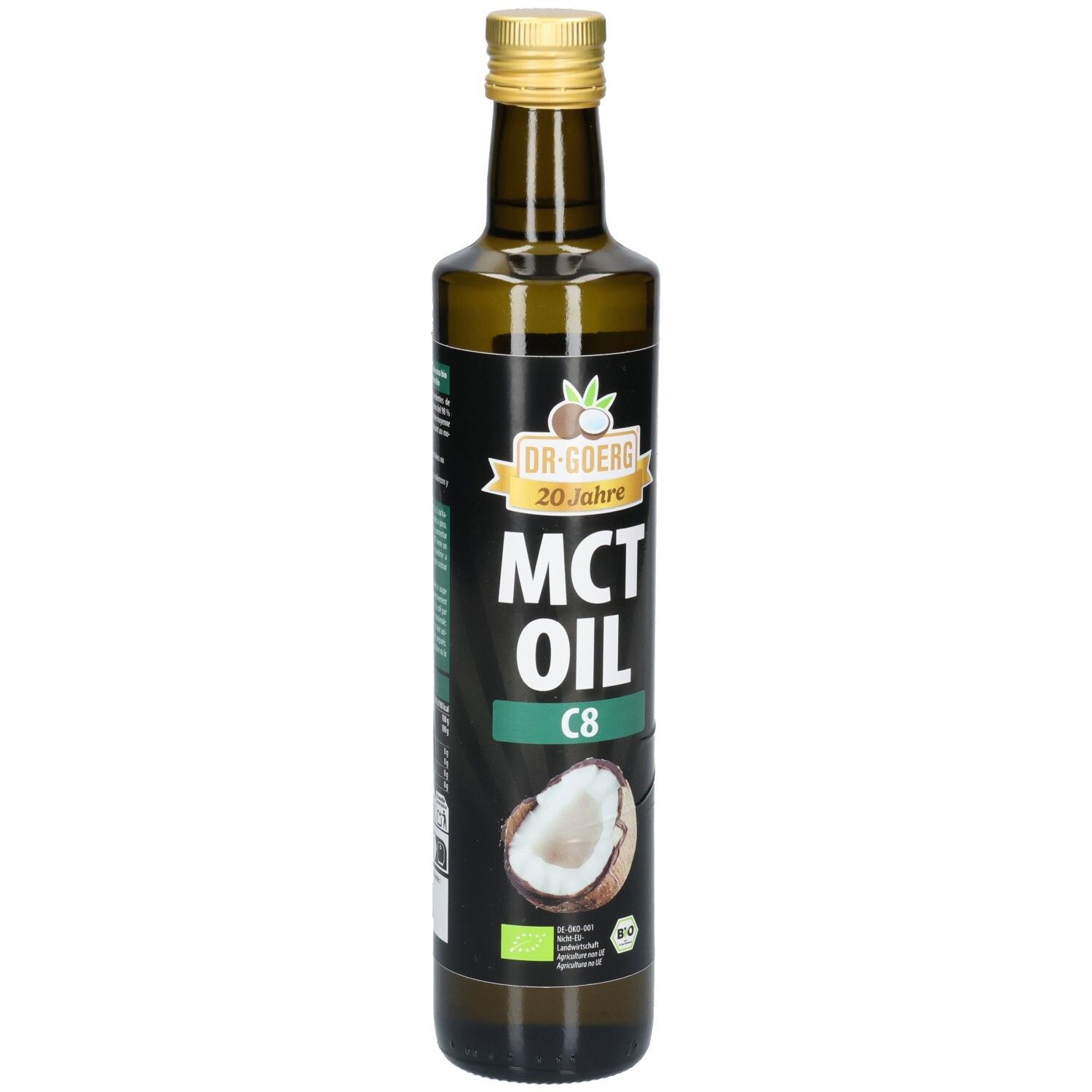 Braune Glasflasche mit goldenem Deckel. Aufschrift: MCT OIL C8. Logo mit Kokosnuss und Bio-Siegel.