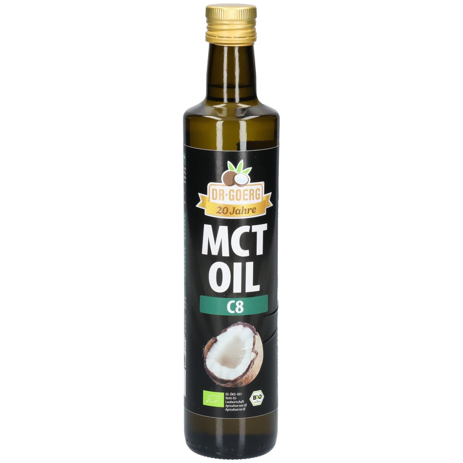 Braune Glasflasche mit goldenem Deckel. Aufschrift: MCT OIL C8. Logo mit Kokosnuss und Bio-Siegel.