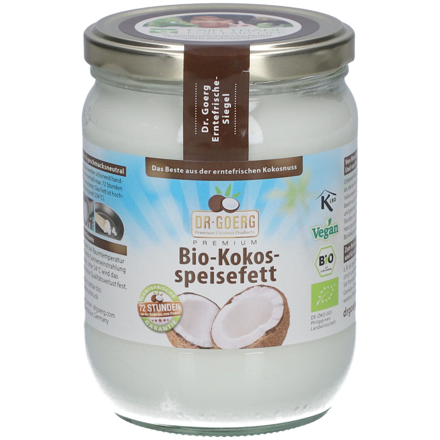 Pot de Bio-Kokos-Speisefett. Étiquette avec informations et logo. Couvercle métallique. Illustration de noix de coco.