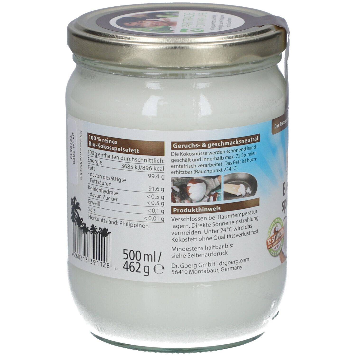 Dos du pot de Bio-Kokos-Speisefett. Informations nutritionnelles, origine Philippines. Code-barres et informations produit.