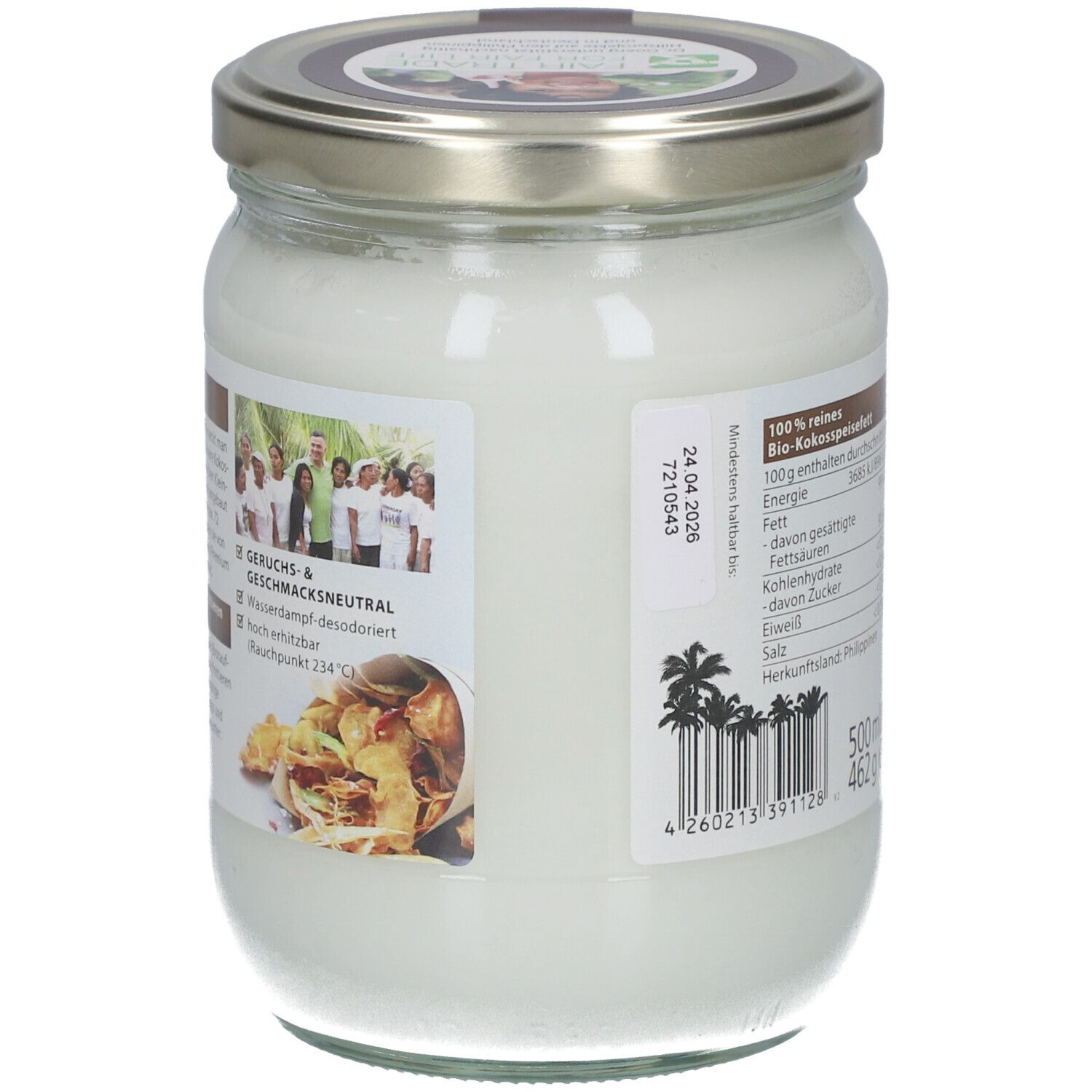 Côté du pot de Bio-Kokos-Speisefett. Informations sur l'odeur et le goût. Date de péremption. Code-barres.
