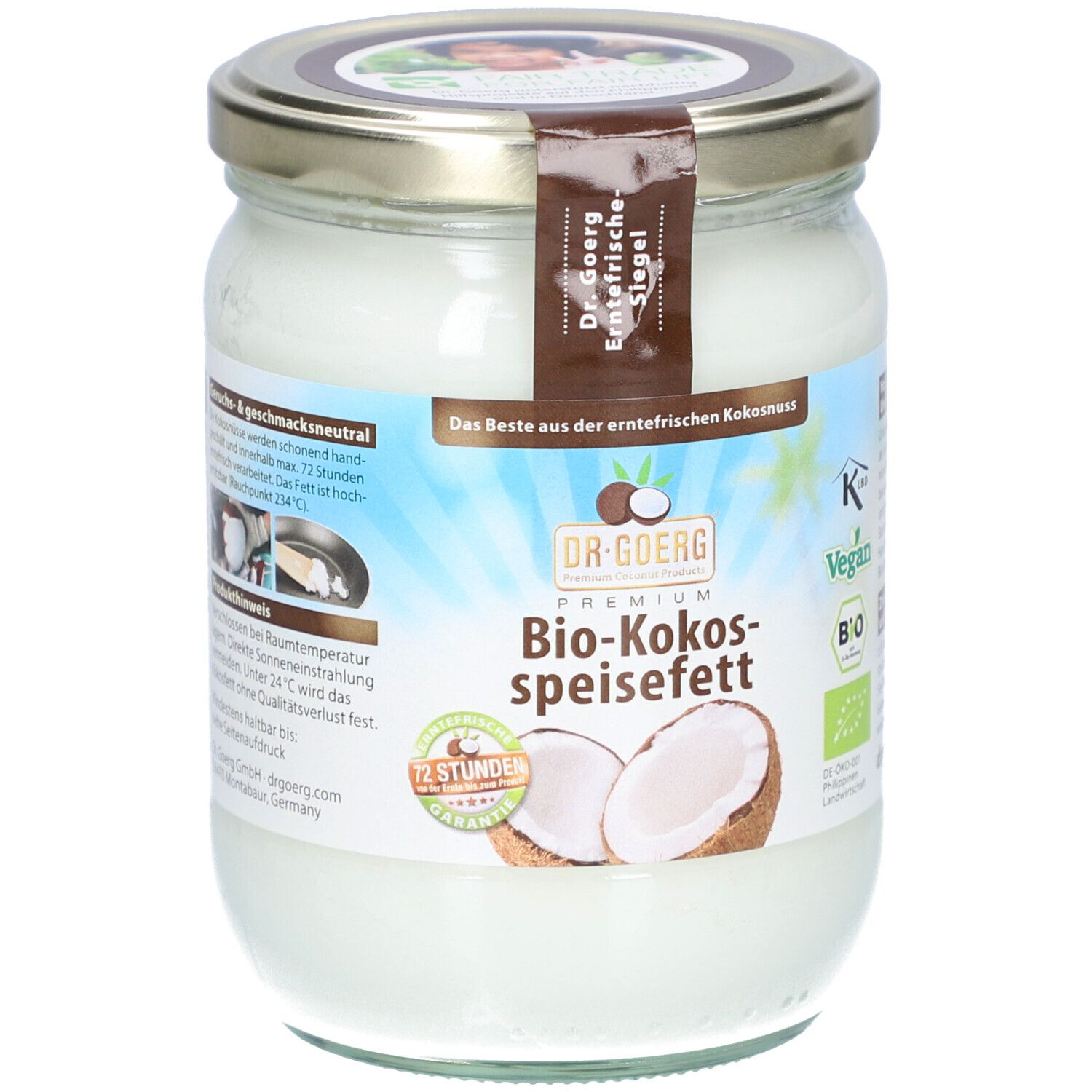 Pot de Bio-Kokos-Speisefett. Étiquette avec informations et logo. Couvercle métallique. Illustration de noix de coco.