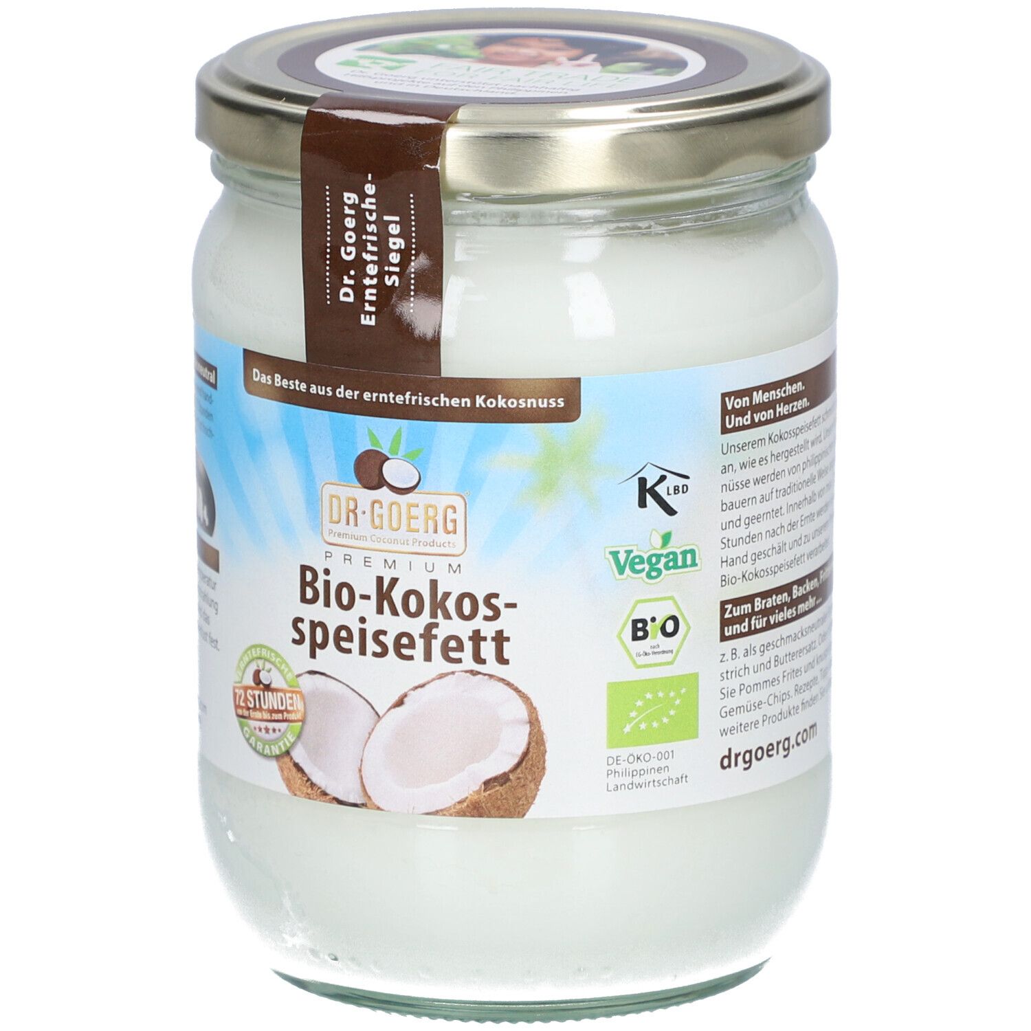 Pot de Bio-Kokos-Speisefett. Étiquette avec informations et logo. Couvercle métallique. Illustration de noix de coco.