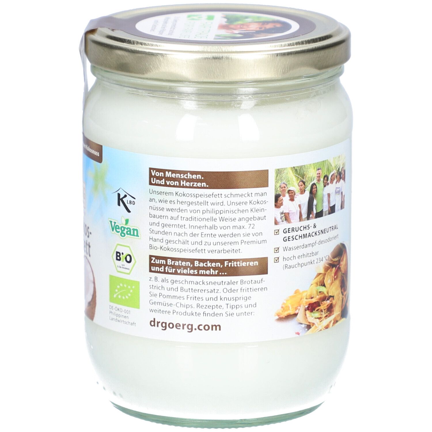 Côté du pot de Bio-Kokos-Speisefett. Informations sur l'odeur et le goût. Texte sur la fabrication. Logo.
