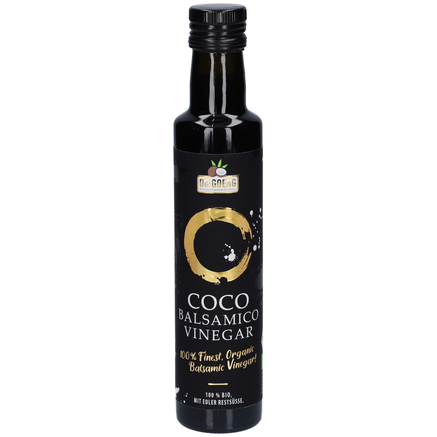 Dunkle Glasflasche mit schwarzem Etikett. Aufschrift: Coco Balsamico Vinegar. Goldener Kreis.