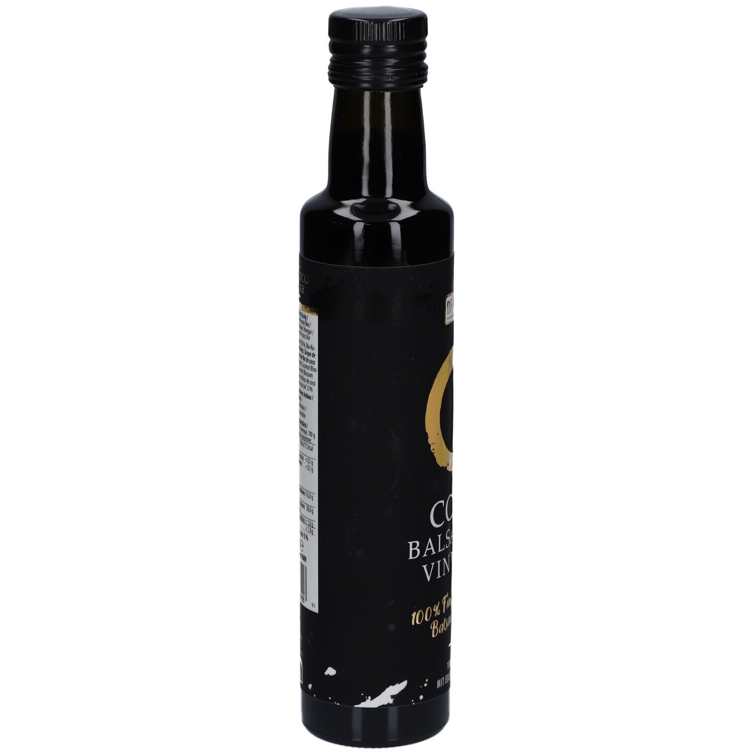 Dunkle Glasflasche mit schwarzem Etikett. Text und Informationen auf dem Etikett.