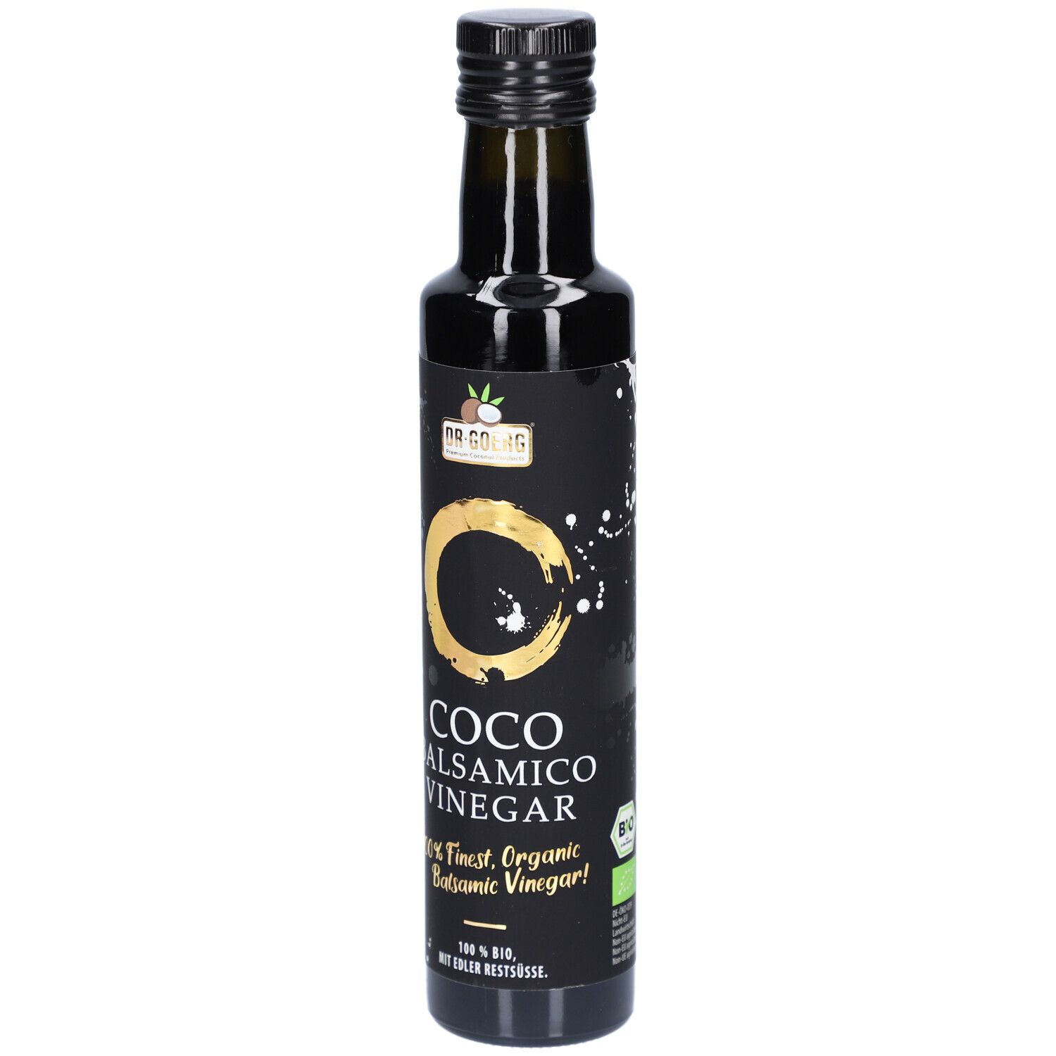 Dunkle Glasflasche mit schwarzem Etikett. Aufschrift: Coco Balsamico Vinegar. Bio-Siegel.