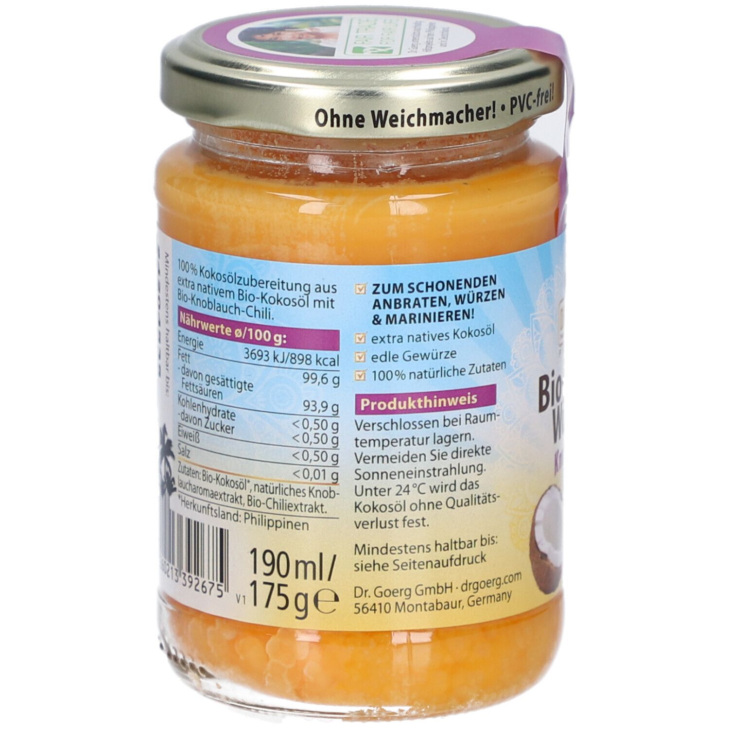 Rückseite des Glases mit Bio-Kokos-Würzöl Knoblauch-Chili. Informationen zu Inhaltsstoffen, Nährwerten und Hersteller.