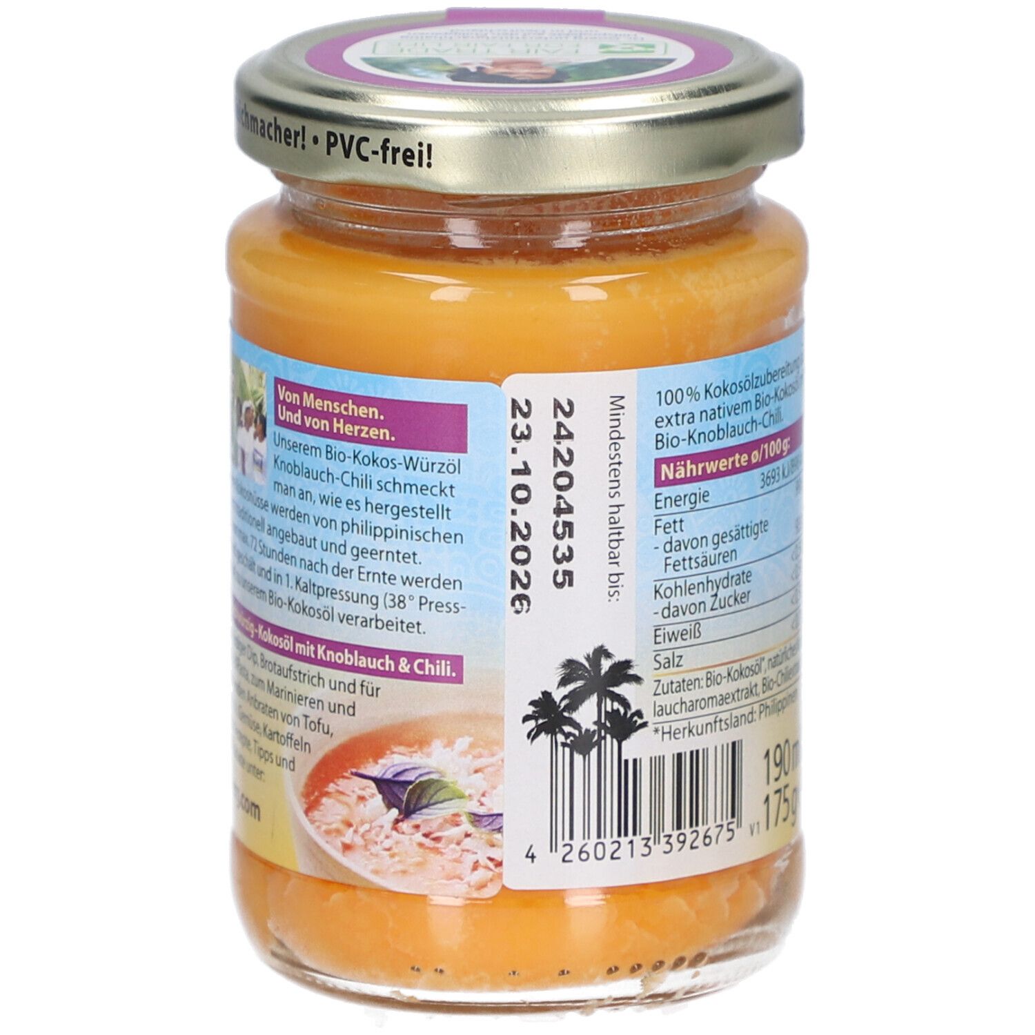 Rückseite des Glases mit Bio-Kokos-Würzöl Knoblauch-Chili. Mindesthaltbarkeitsdatum, Barcode und Informationen zum Hersteller.