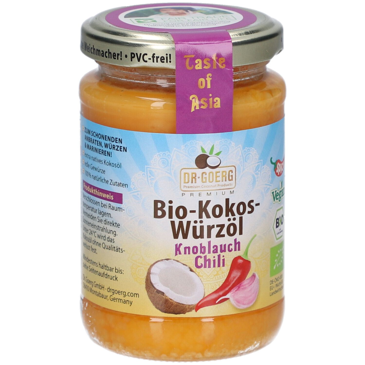 Glas mit Bio-Kokos-Würzöl Knoblauch-Chili. Aufkleber mit Produktnamen, Kokosnuss, Chili, Knoblauch und Logo.