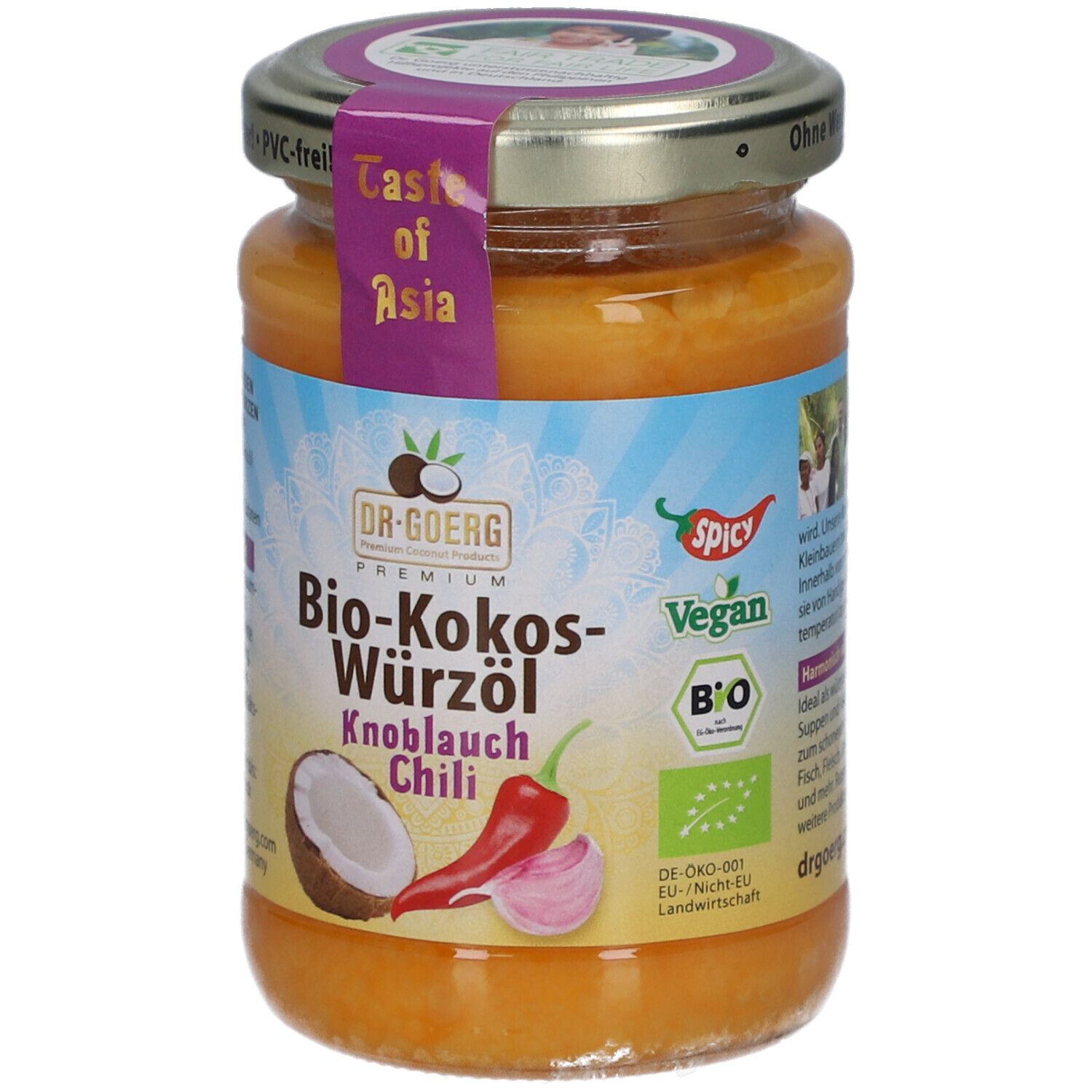 Glas mit Bio-Kokos-Würzöl Knoblauch-Chili. Aufkleber mit Produktnamen, Kokosnuss, Chili, Knoblauch, Vegan- und Bio-Siegel.