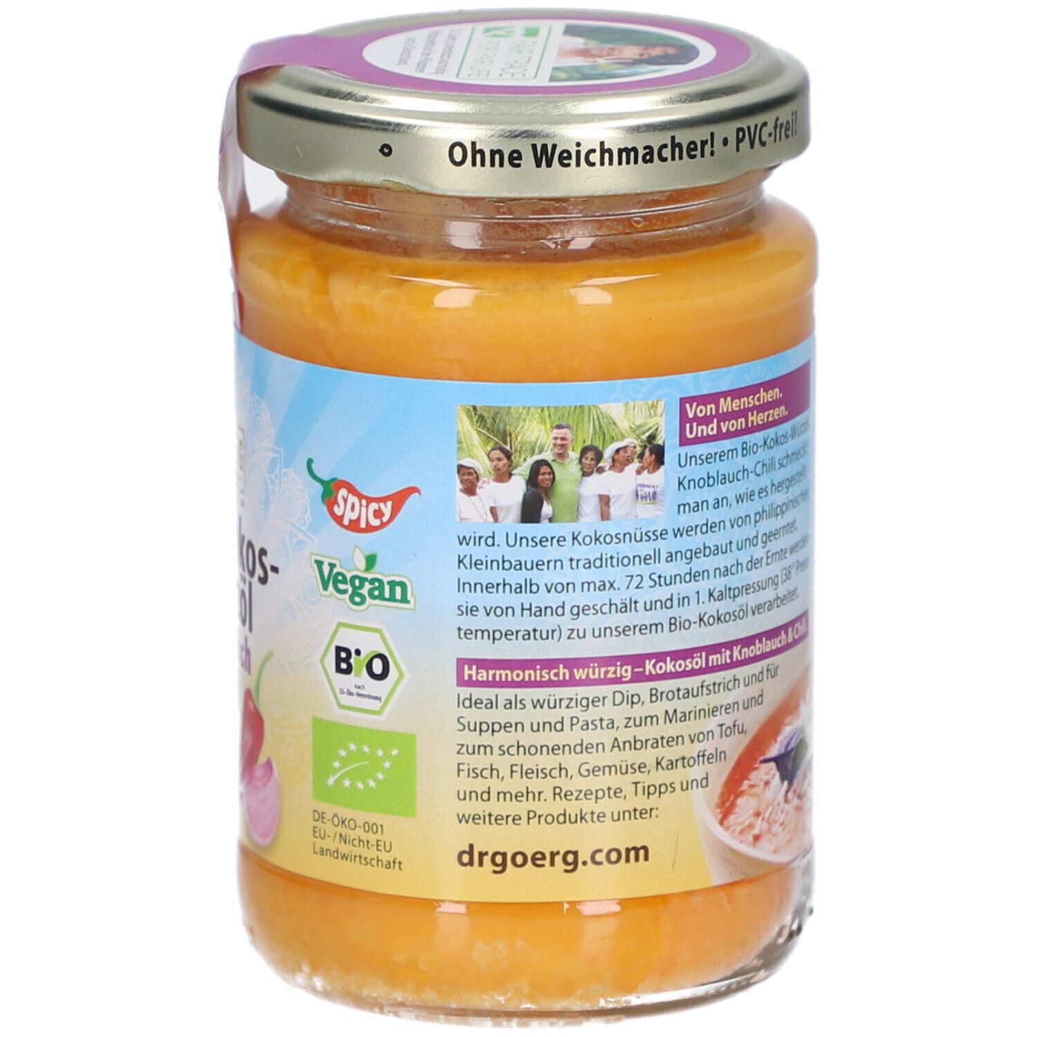 Rückseite des Glases mit Bio-Kokos-Würzöl Knoblauch-Chili. Vegan- und Bio-Siegel, Informationen und Logo.
