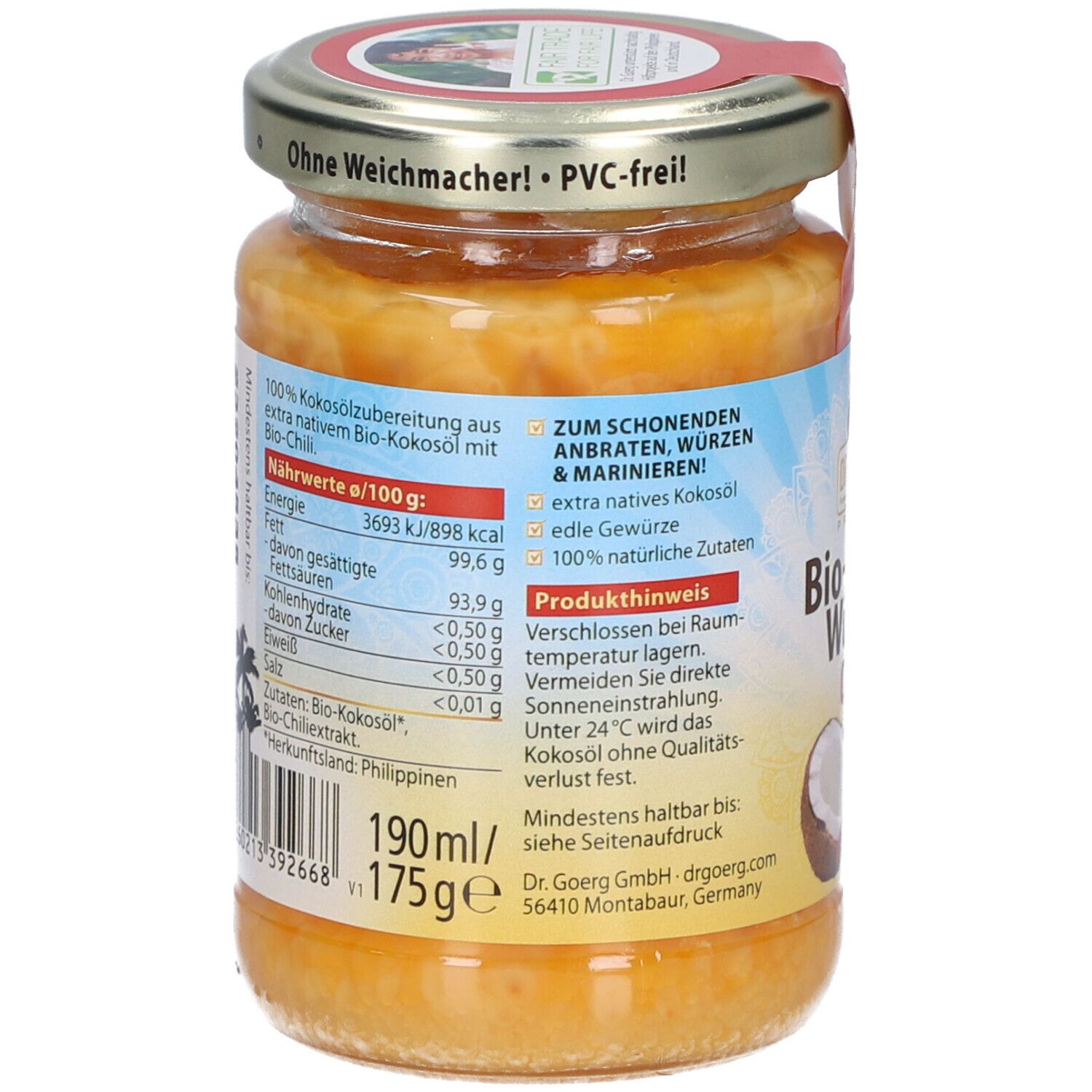 Rückseite des Glases mit Bio-Kokos-Würzöl Chili. Enthält Nährwertangaben, Zutatenliste und Haltbarkeitsdatum. 190ml/175g.