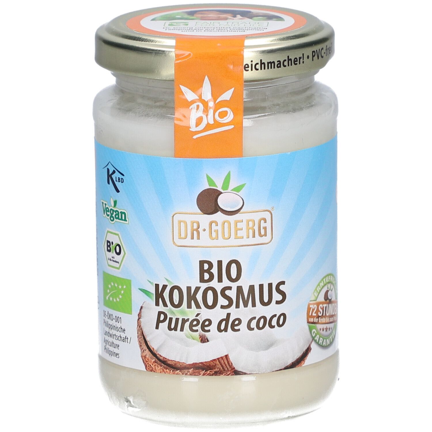 Glas mit Bio-Kokosmus. Aufkleber mit "Bio" und "Vegan". Marke: Dr. Goerg. Aufschrift: "Purée de coco".