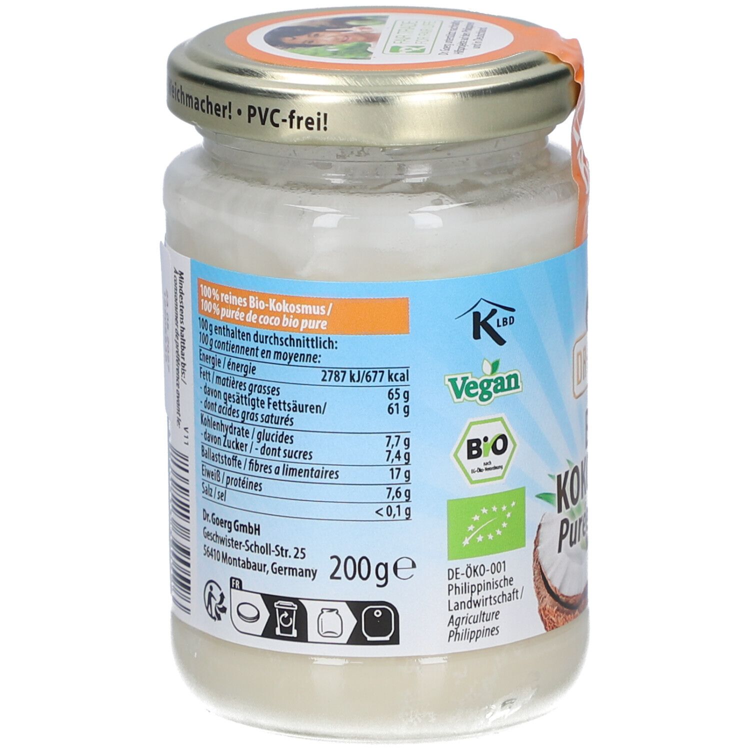 Rückseite des Glases mit Bio-Kokosmus. Nährwertangaben. Label mit "Vegan" und "Bio". Marke: Dr. Goerg. 200g.