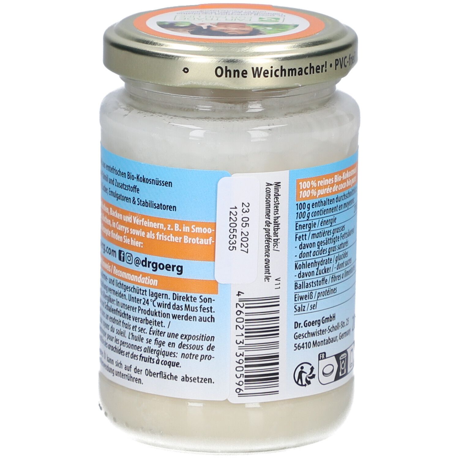 Rückseite des Glases mit Bio-Kokosmus. Zutatenliste und Haltbarkeitsdatum. Marke: Dr. Goerg. Aufschrift: "Ohne Weichmacher!".