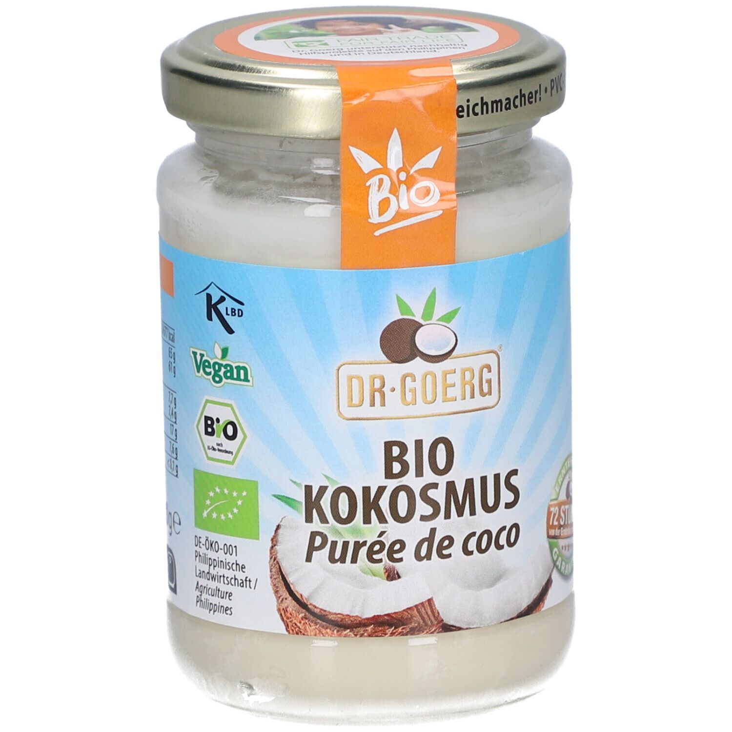 Glas mit Bio-Kokosmus. Aufkleber mit "Bio" und "Vegan". Marke: Dr. Goerg. Aufschrift: "Purée de coco".