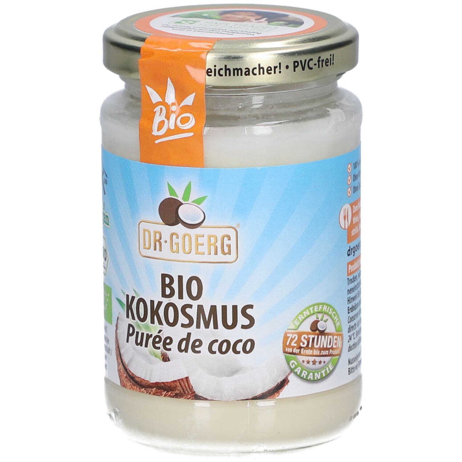 Glas mit Bio-Kokosmus. Aufkleber mit "Bio" und "72 Stunden Frische Garantie". Marke: Dr. Goerg. Aufschrift: "Purée de coco".