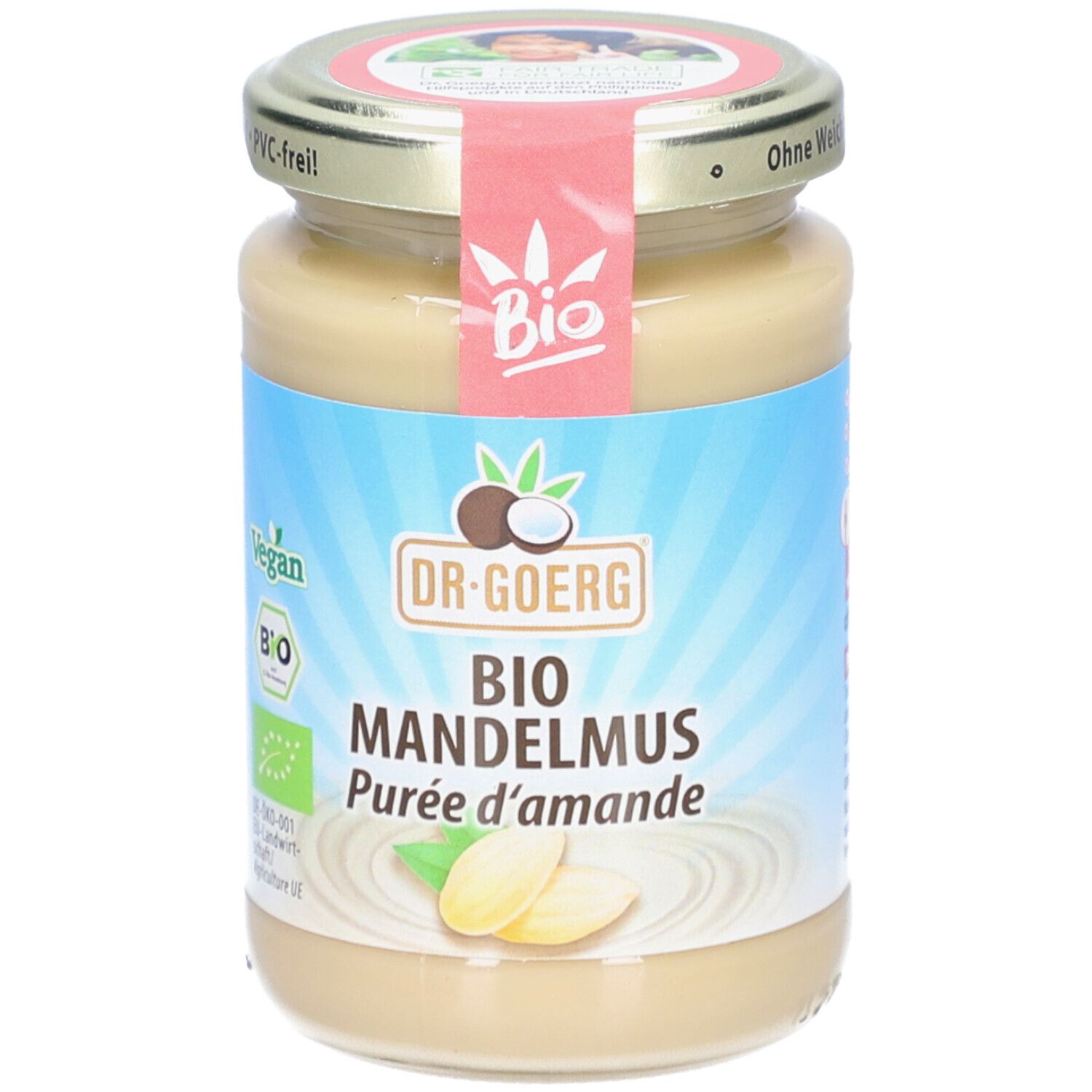 Glas mit Bio-Mandelmus. Aufschrift: Dr. Goerg, Bio Mandelmus, Purée d'amande. Vegan- und Bio-Siegel.