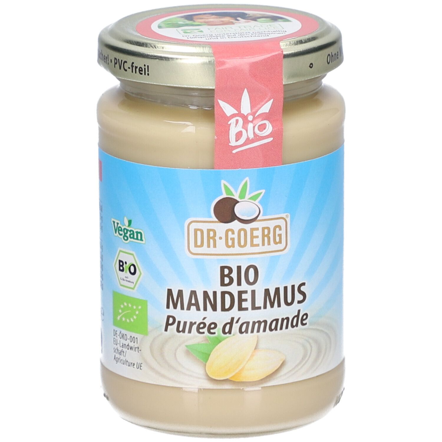 Glas mit Bio-Mandelmus. Aufschrift: Dr. Goerg, Bio Mandelmus, Purée d'amande. Vegan- und Bio-Siegel.
