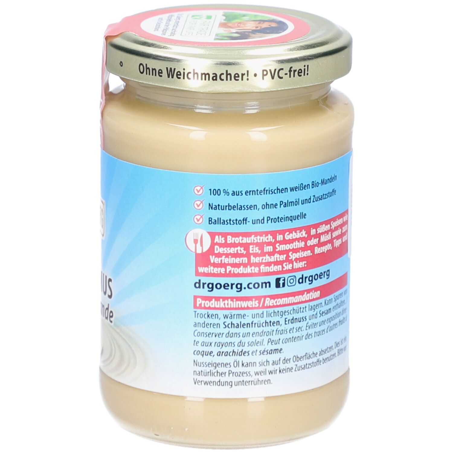 Rückseite des Glases mit Bio-Mandelmus. Aufschrift: Dr. Goerg, Produktinformationen. Vegan- und Bio-Siegel.