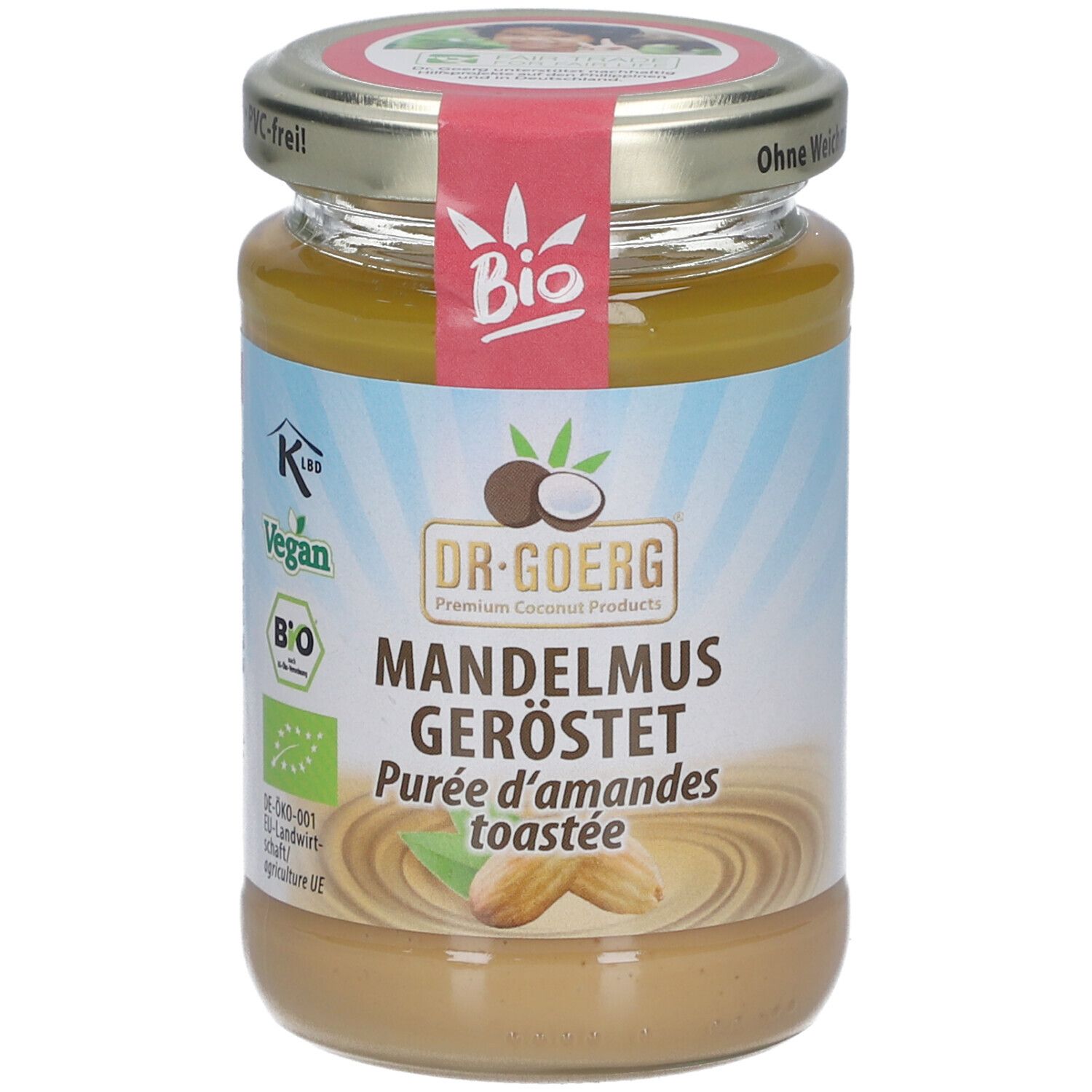 Pot de purée d'amandes grillées. Étiquette avec logo bio, vegan et nom du produit. Couvercle avec inscription.