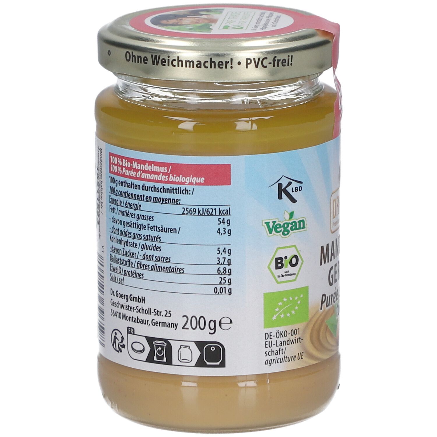 Dos du pot avec informations nutritionnelles et ingrédients. Labels bio et vegan. 200g. Adresse du fabricant.