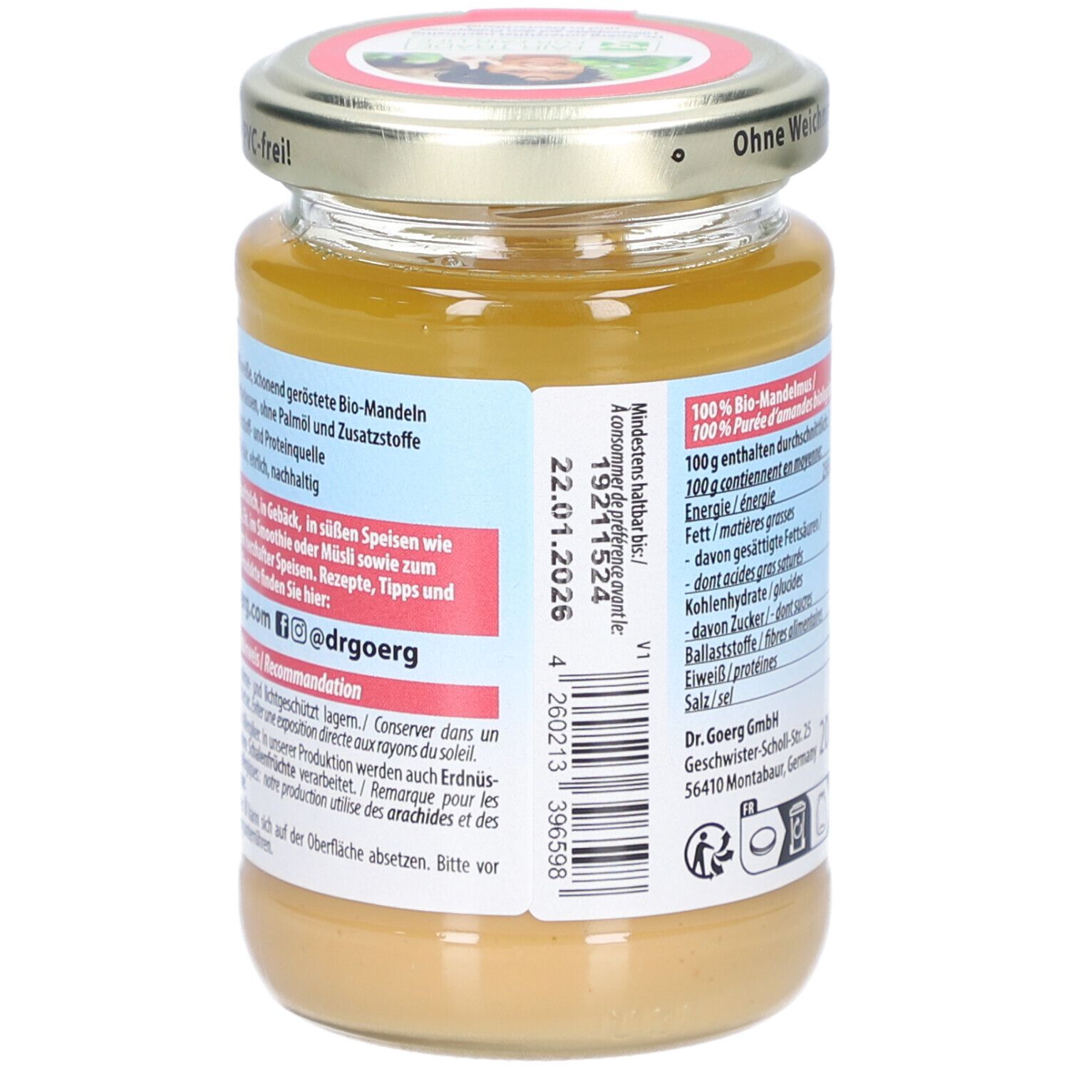 Dos du pot avec informations de conservation et recommandations. Code-barres et adresse du fabricant.