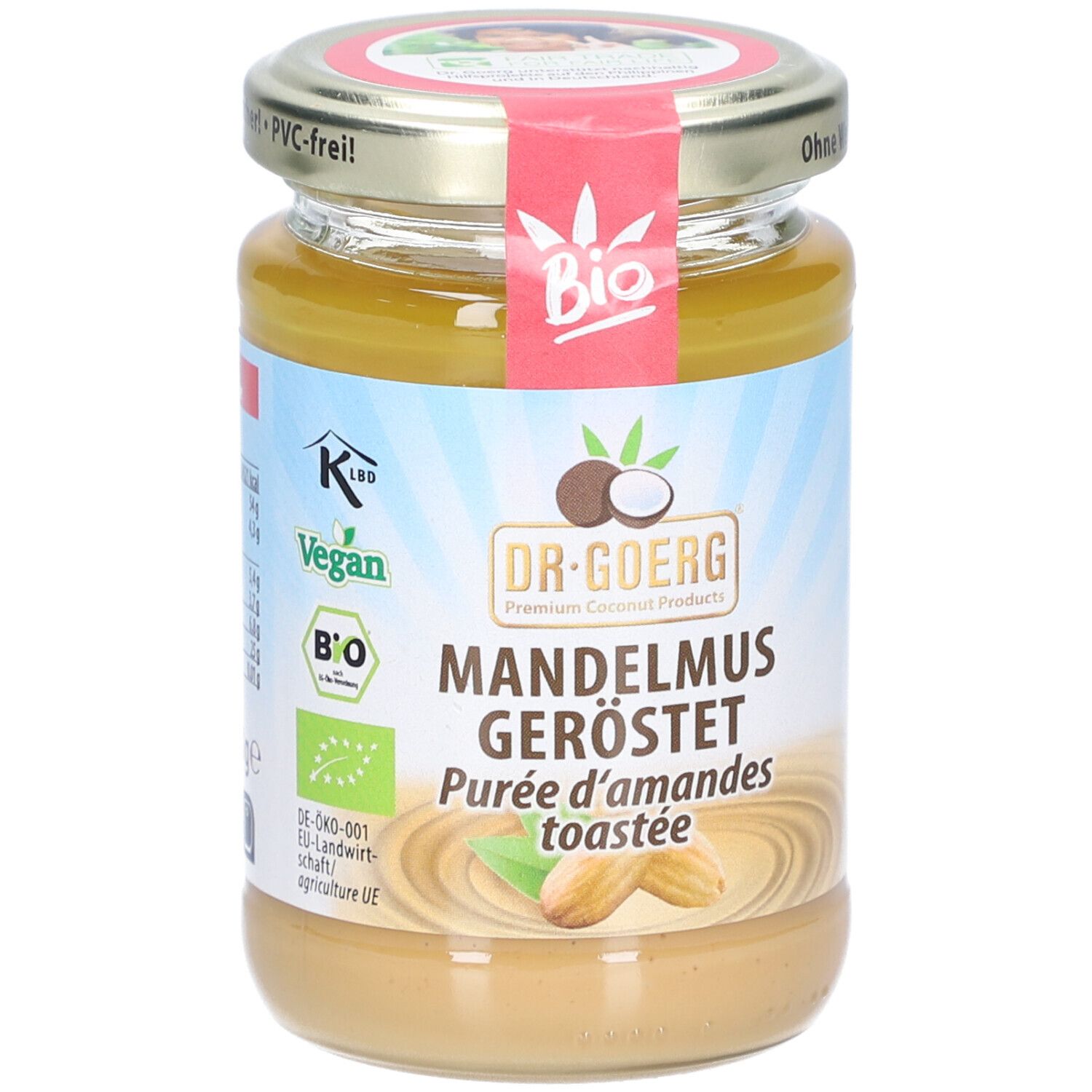 Pot de purée d'amandes grillées. Étiquette avec logo bio, vegan et nom du produit. Couvercle avec inscription.