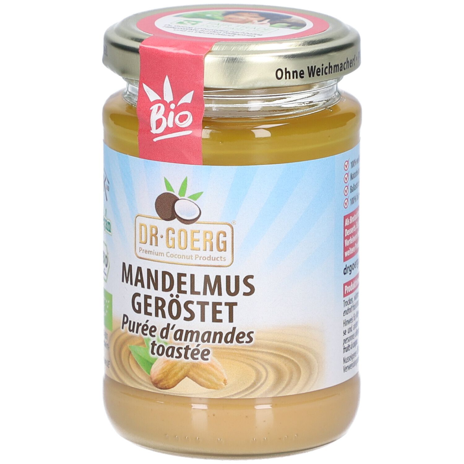 Pot de purée d'amandes grillées. Étiquette avec logo bio, vegan et nom du produit. Couvercle avec inscription.