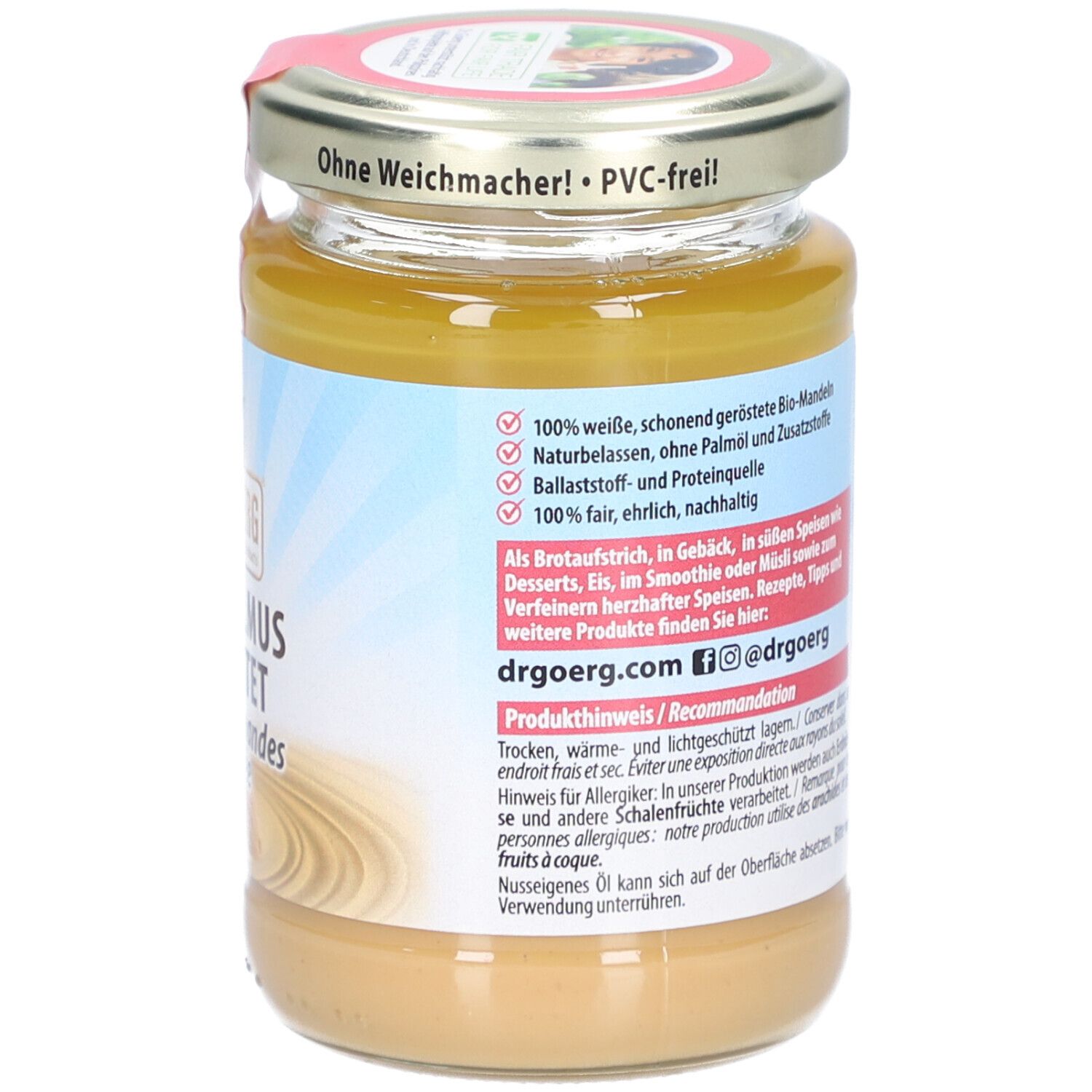 Dos du pot avec informations produit. Inscription 'Sans plastifiant! Sans PVC'.