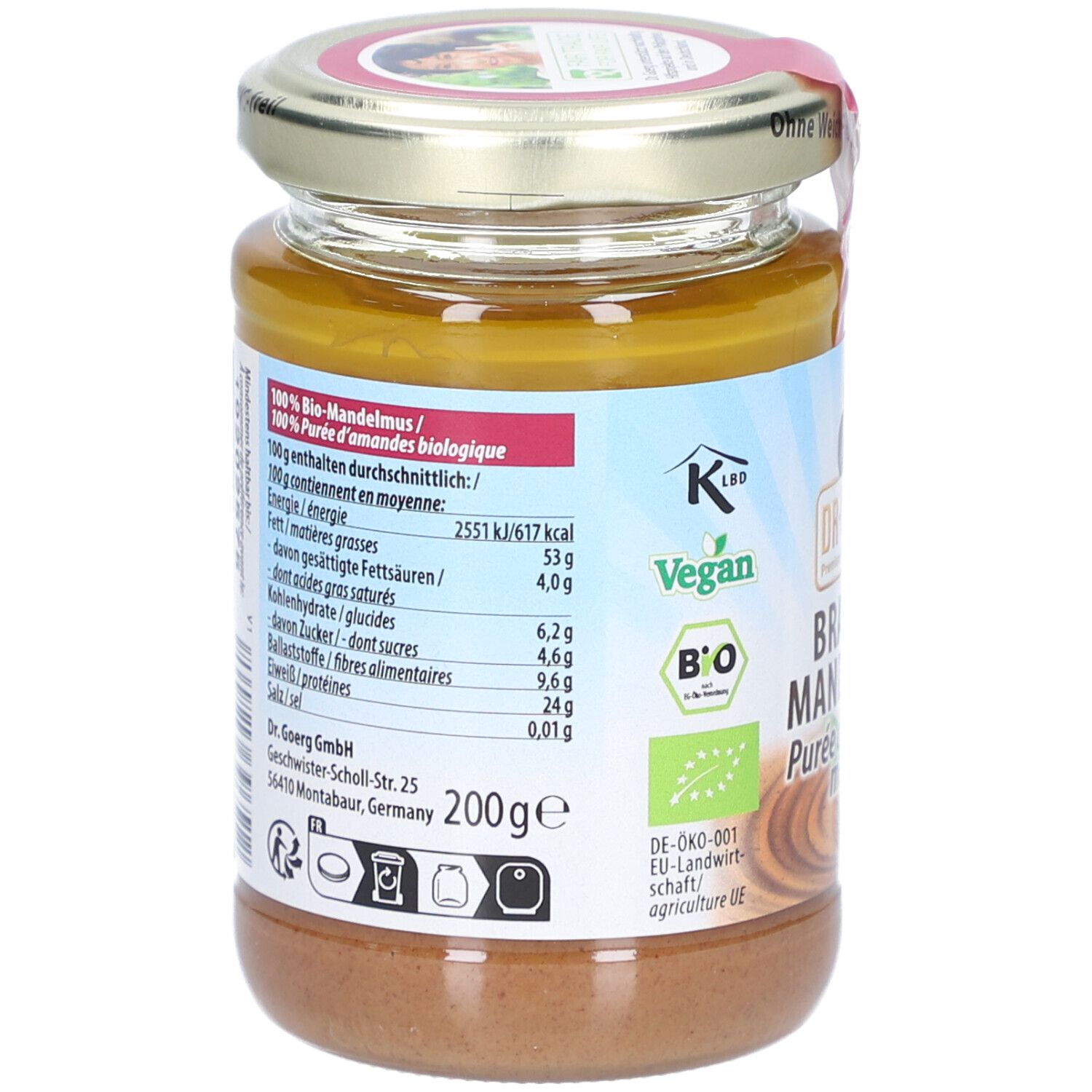 Pot de beurre d'amandes brun. Dos avec informations nutritionnelles et logo "Vegan". Indication 200g.