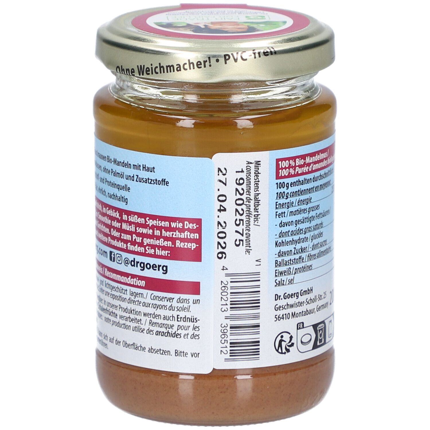 Pot de beurre d'amandes brun. Dos avec liste d'ingrédients et date de péremption : 27.04.2026.